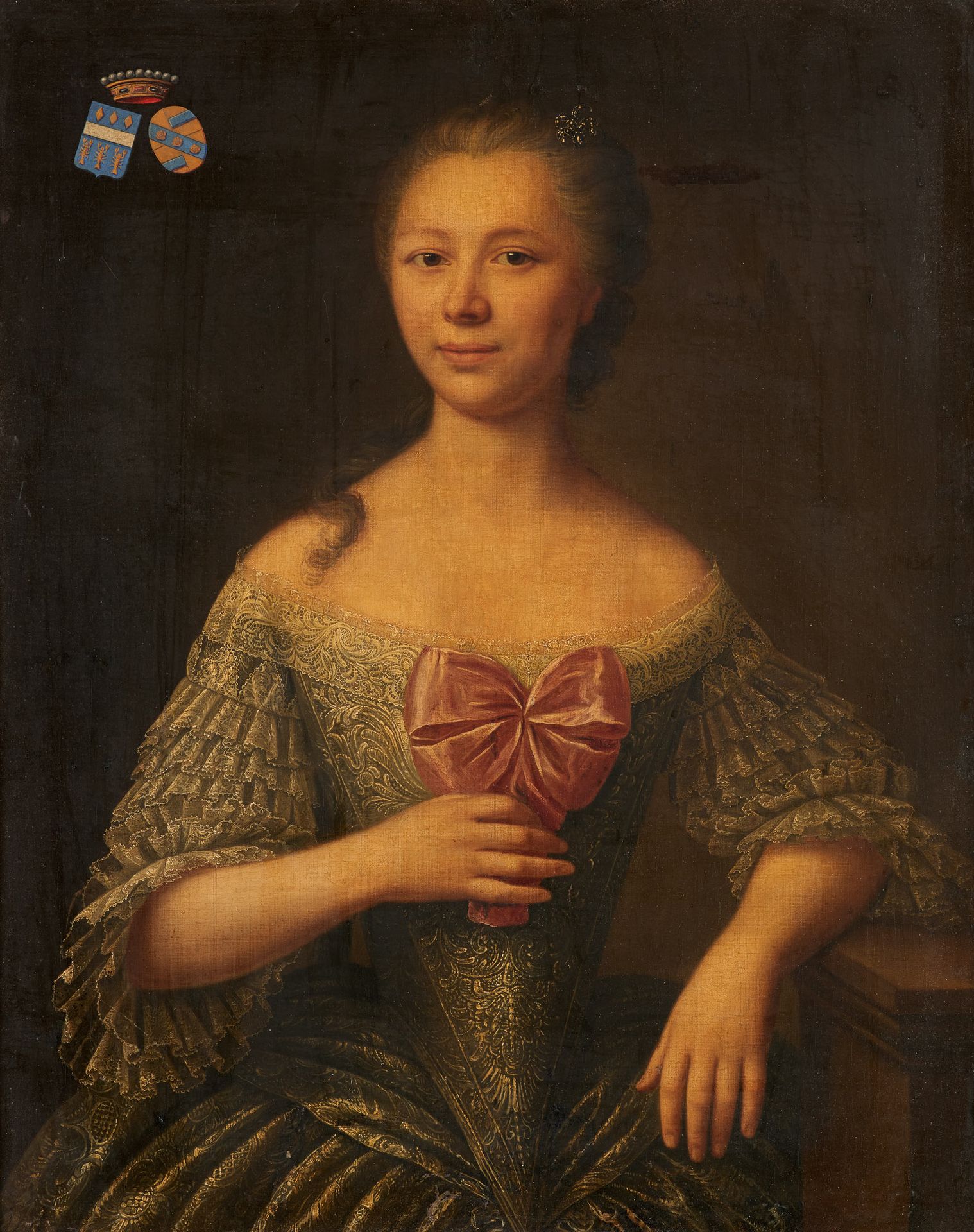 École française 19e. 布面油画：玛丽-约瑟芬-卡罗琳-德-温克尔鲍尔的肖像。

带有纹章。

尺寸：86 x 68厘米。