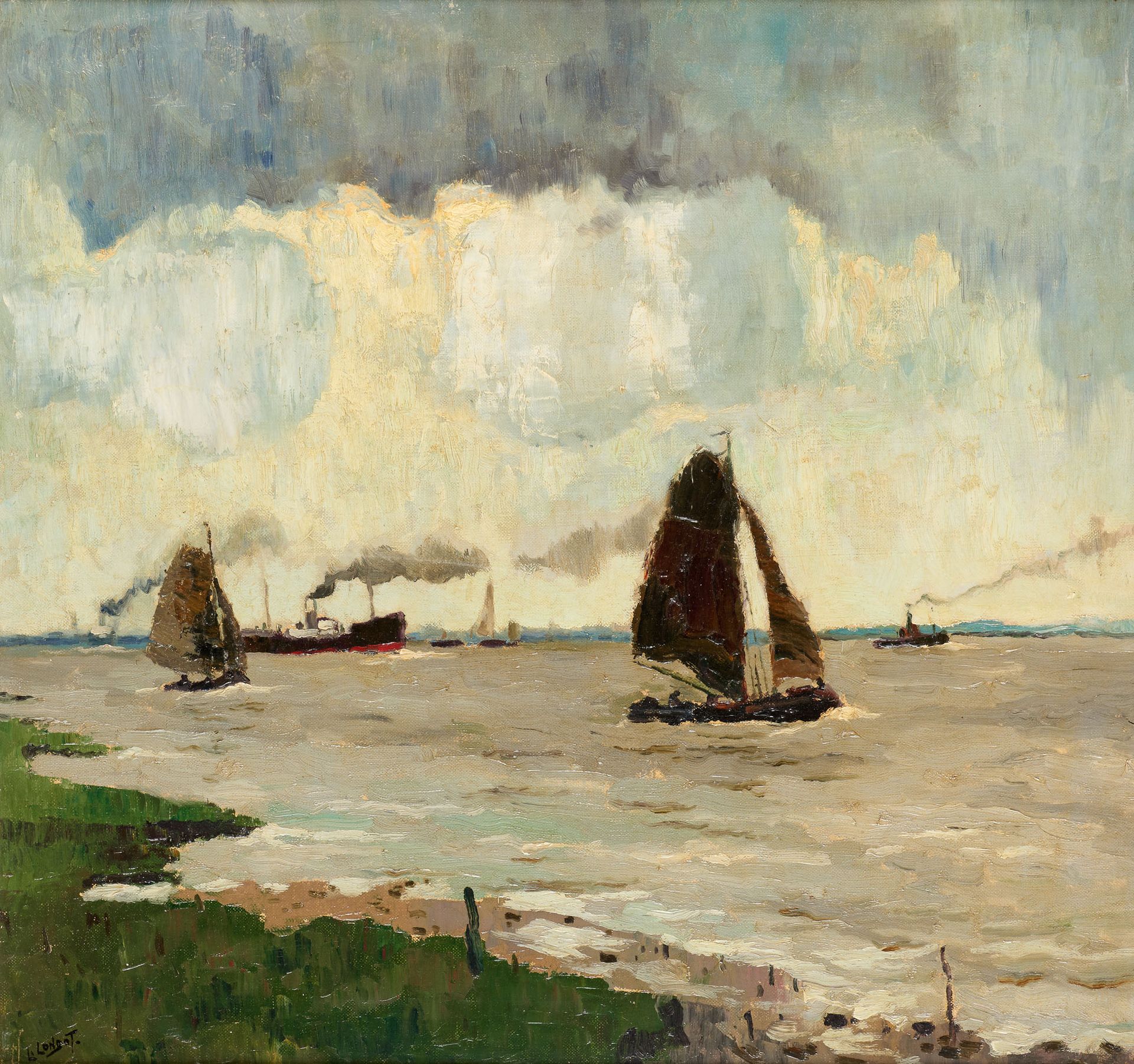Léon LONDOT École belge (1878-1953) Olio su tela: "Barche da pesca sulla Schelda&hellip;