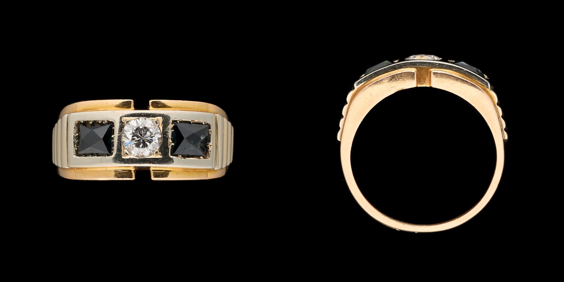 Joaillerie. 珠宝：黄金上的铂金戒指，镶有一颗+/- 0.45克拉的明亮式切割钻石和两颗碧玺。

手指大小：+/-56。