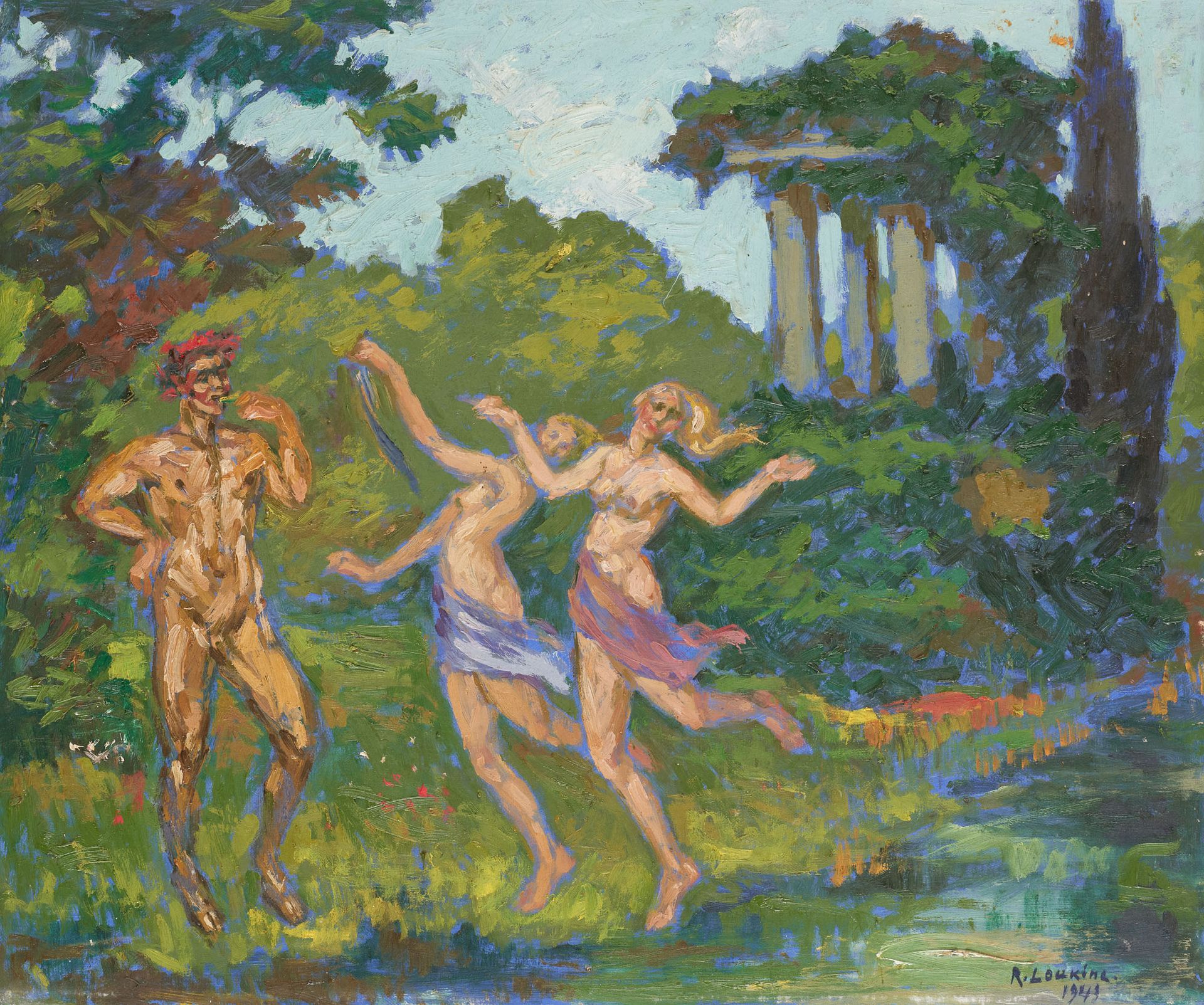 Rostislas LOUKINE École russe (1904-1988) 布面油画：《跳舞的缪斯和精灵》。

签名和日期：R. Lukin 1953。&hellip;