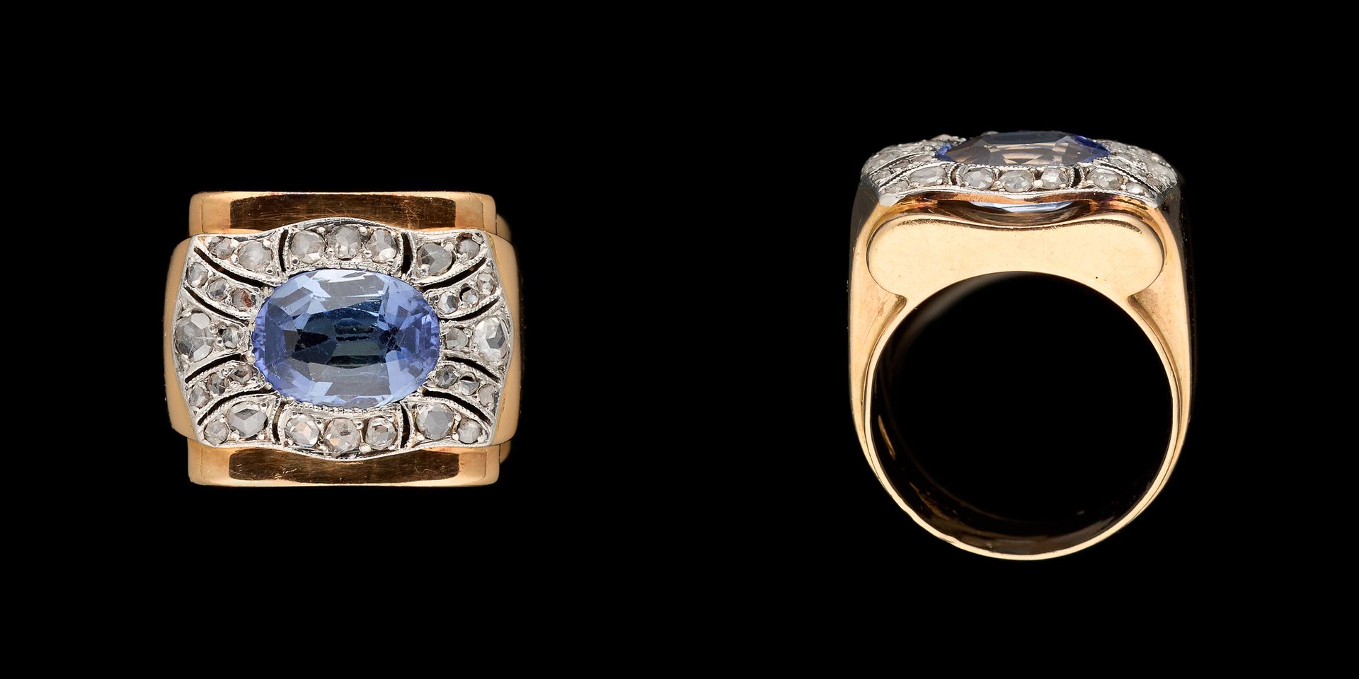 Circa 1950. 珠宝：黄金和铂金戒指，镶嵌了一颗+/- 1.60克拉的锡兰蓝宝石和小钻石。

手指大小：+/- 48,5。
