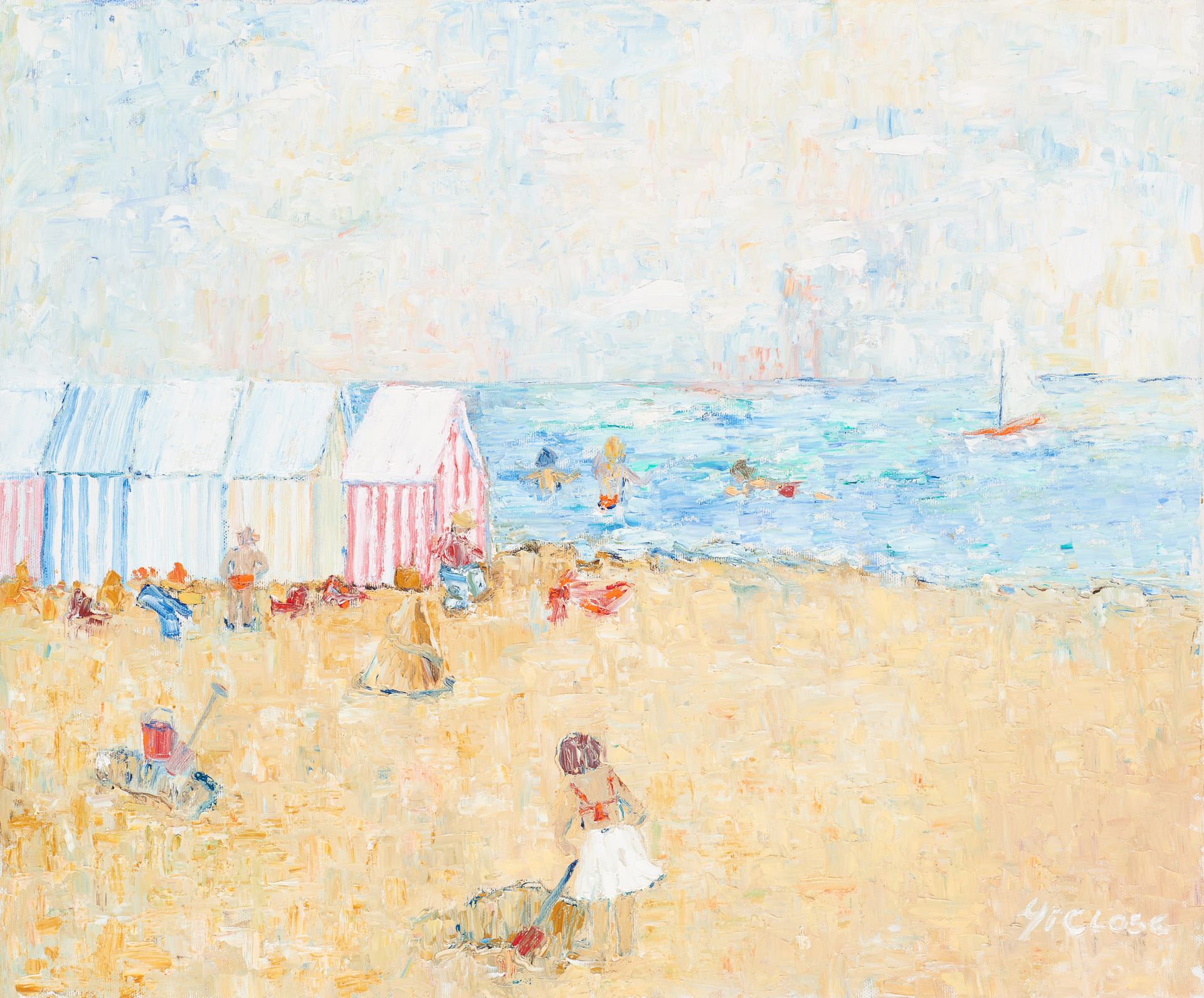 Mireille CLOSE École belge (1941). 布面油画：《北海边的孩子》。

签名：米。关闭。

尺寸：50 x 60厘米。