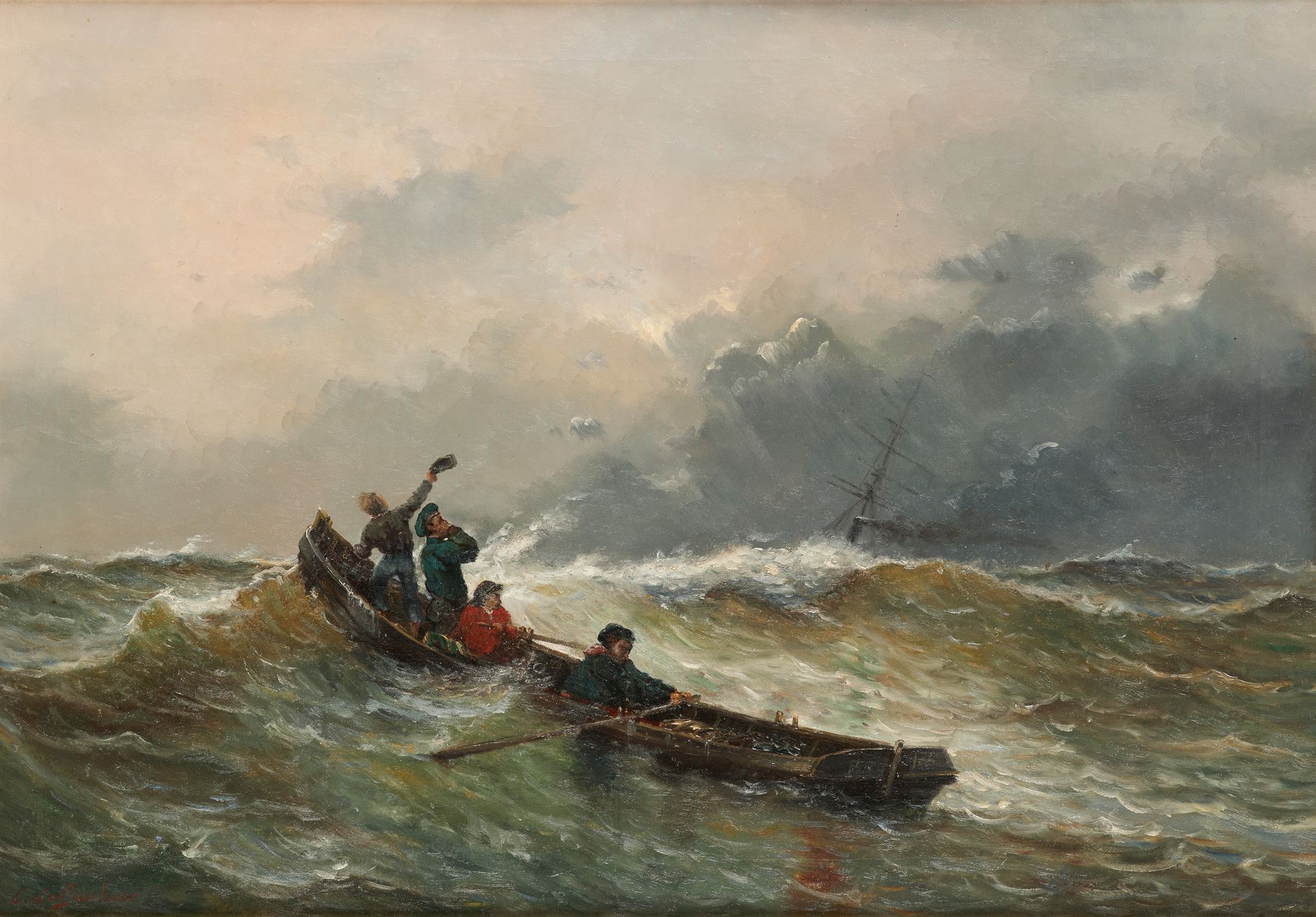 Louis DE BURBURE École belge (1837-1911) Huile sur toile: Barque à rames approch&hellip;