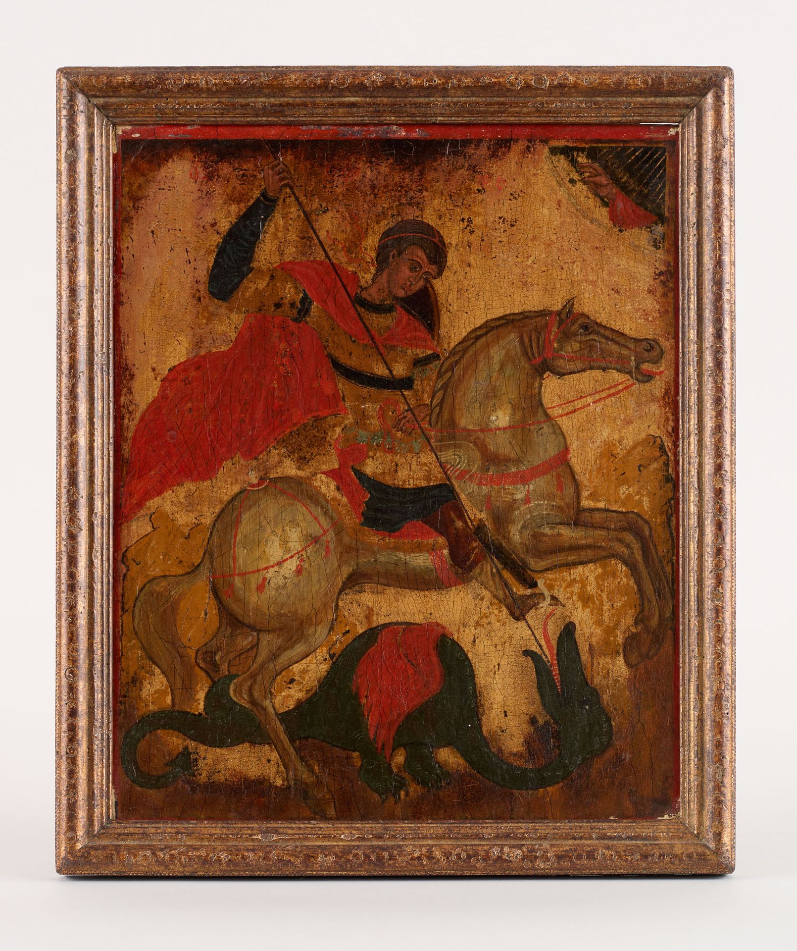 Travail créto-vénitien 17e. 
布面油画（内衬）。圣乔治杀死了龙。




附上一张佳士得1974年的购买发票。

(修复)。


尺&hellip;