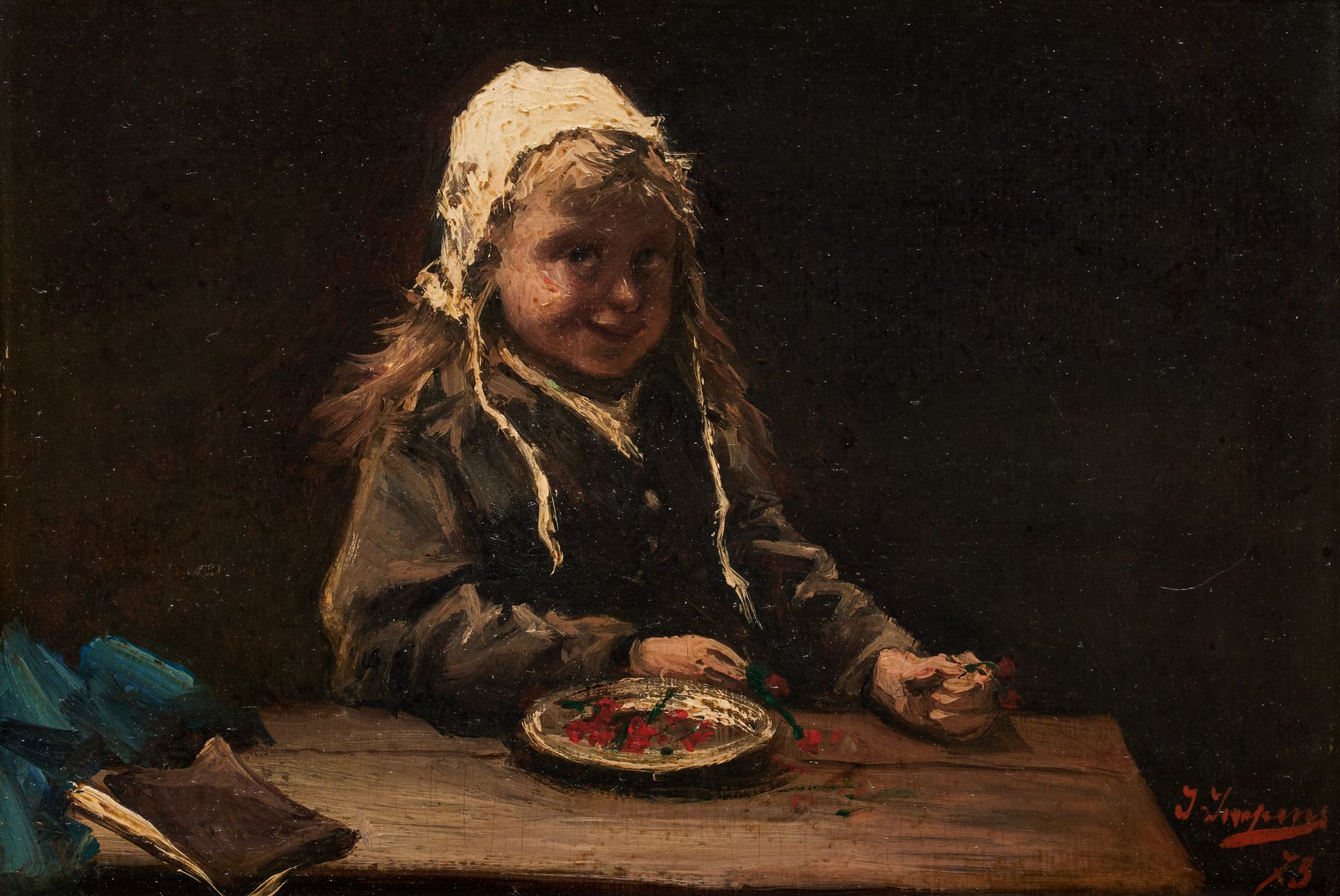 Josse IMPENS École belge (1840-1905) Oil on panel: "The lunch of the girl in 187&hellip;