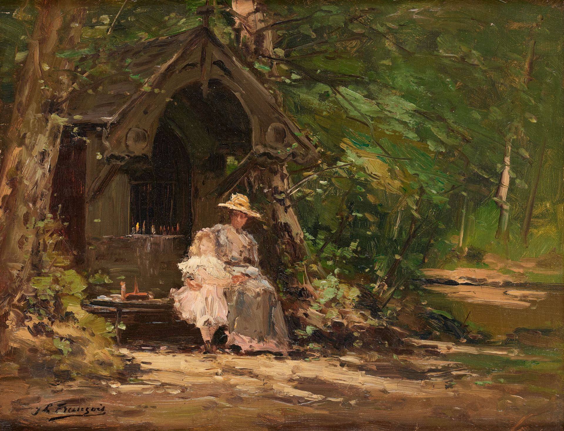 Joseph Charles FRANÇOIS École belge (1851-1940) 布面油画：母亲和孩子在池塘边休息，以及在索涅斯森林的好闻圣母小教&hellip;
