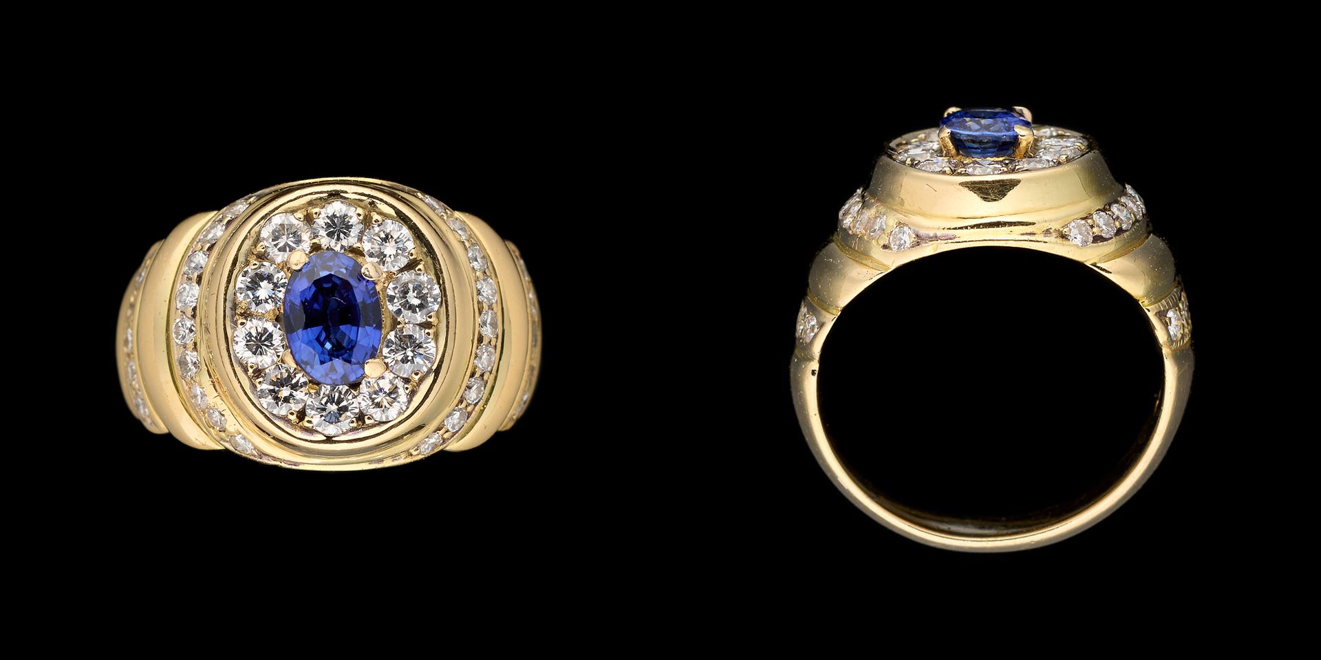 Joaillerie. 珠宝：黄金戒指，镶有+/- 0.80克拉的蓝宝石和+/- 1克拉的明亮式切割钻石。

手指大小：+/-54。