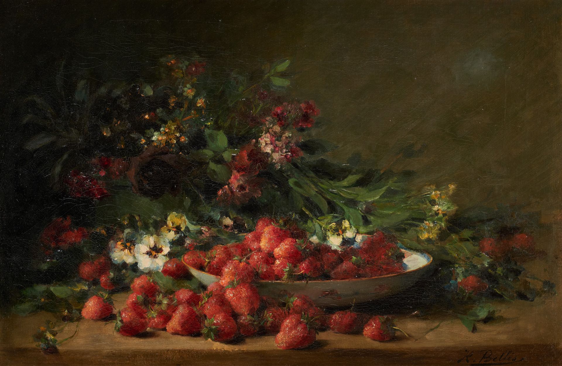 Hubert BELLIS École belge (1831-1902) 画板上的油画：用草莓和花组成。

签名：H. Bellis。

尺寸：55 x 83&hellip;