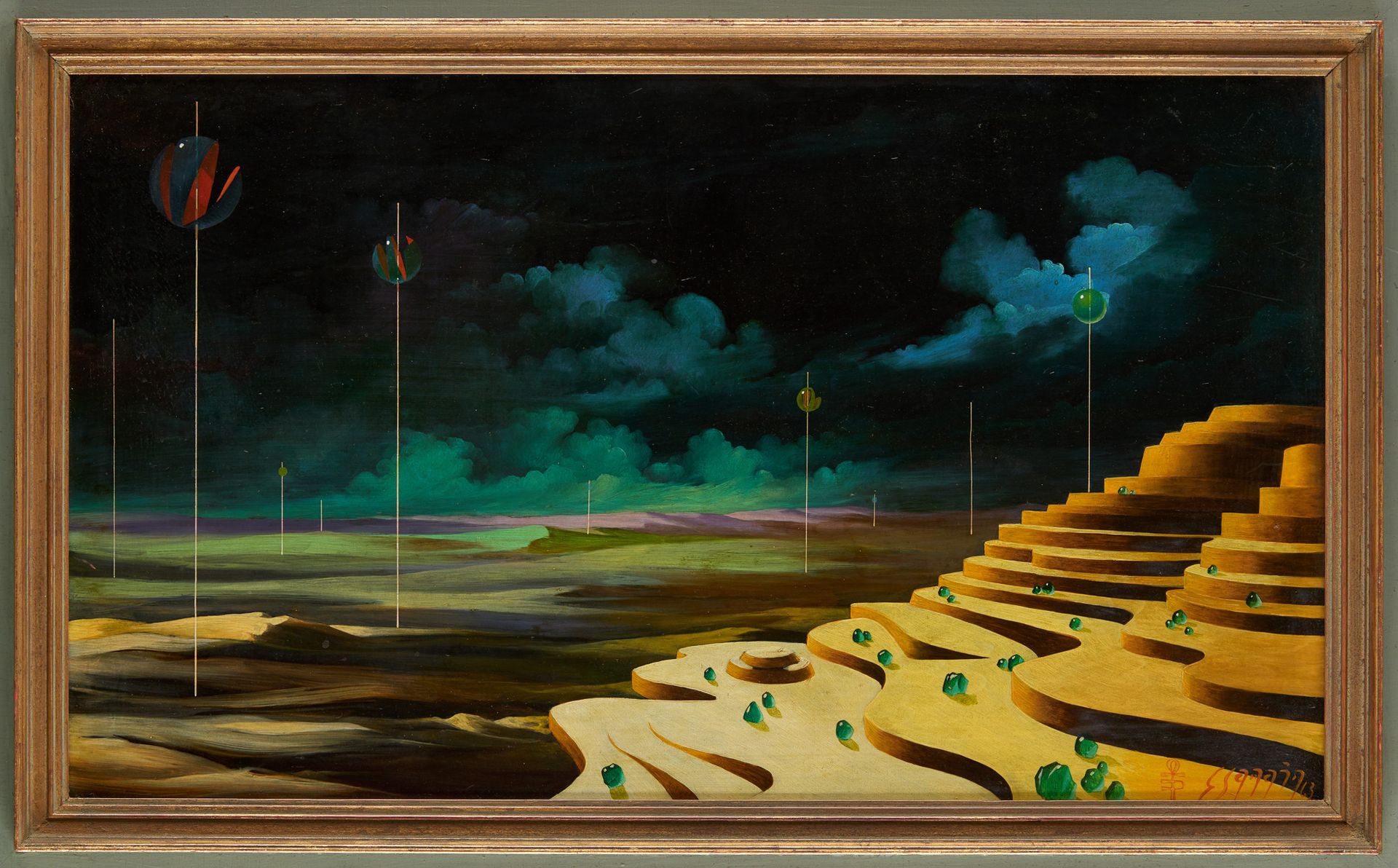 Eugène SAMAIN École belge (1935) Olio su pannello: paesaggio surrealista con mar&hellip;