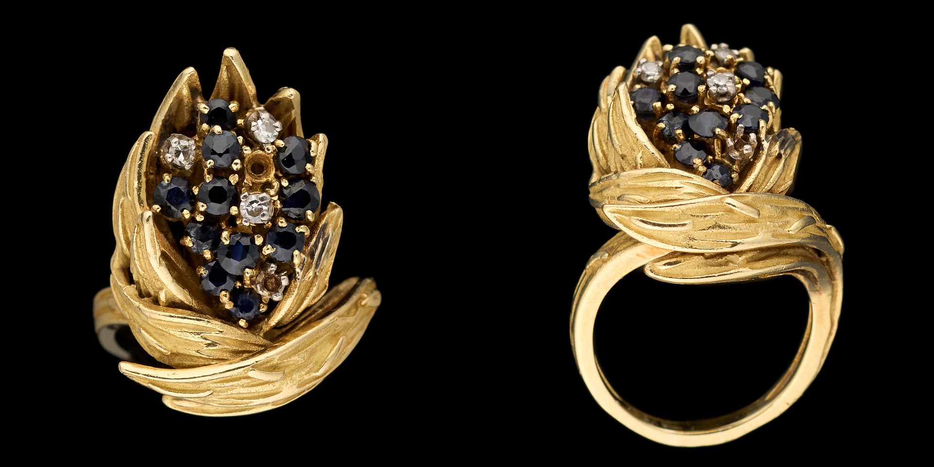 Joaillerie. 珠宝：黄金戒指，镶有+/- 1,10克拉的蓝宝石和钻石。

(两块石头丢失)。

手指大小：+/-52。