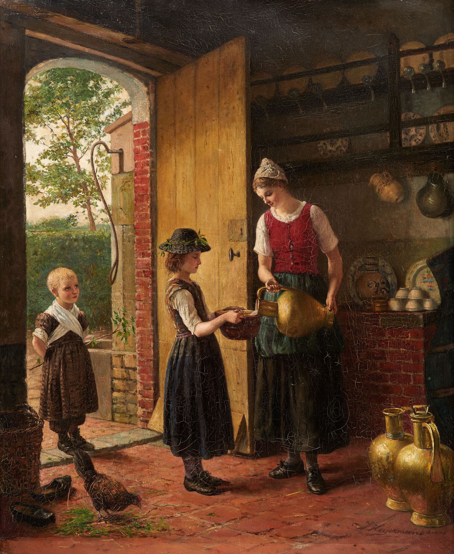 Jan Arnold HEYERMANS École belge (1837-1892) Oil on canvas: Visit to the milkmai&hellip;