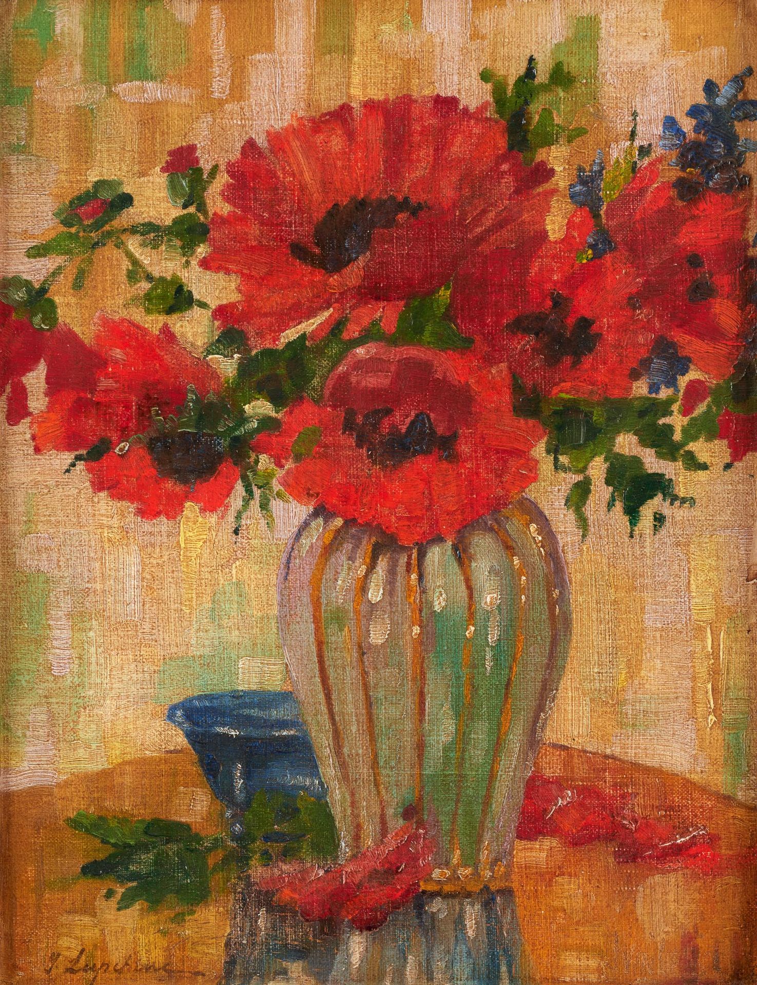 Georges LAPCHINE École russe de Paris (1885-1950/51) 裱在纸板上的布面油画：罂粟花束。

签名：G. Lap&hellip;