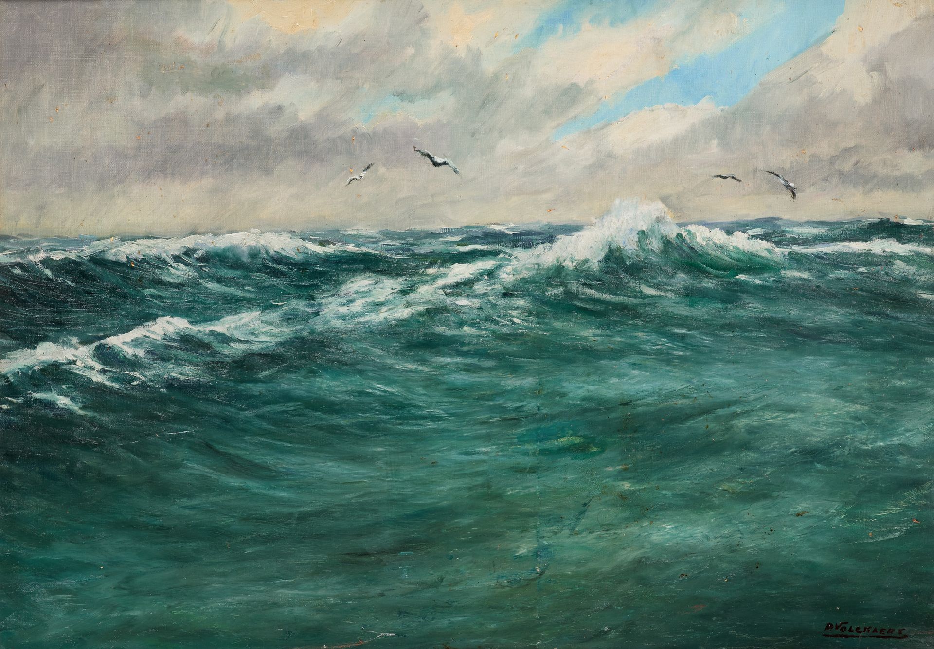 Piet VOLCKAERT École belge (1902-1973) Oil on canvas: Seagulls flying on the sea&hellip;