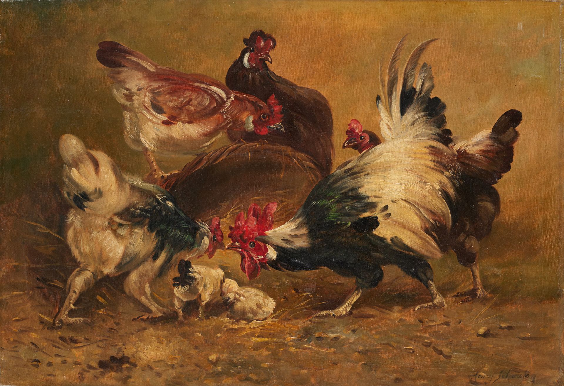 Henry SCHOUTEN École belge (1857/64-1927) 布面油画：公鸡、母鸡和小鸡。

签名：亨利-舒顿。

尺寸：50 x 73厘&hellip;