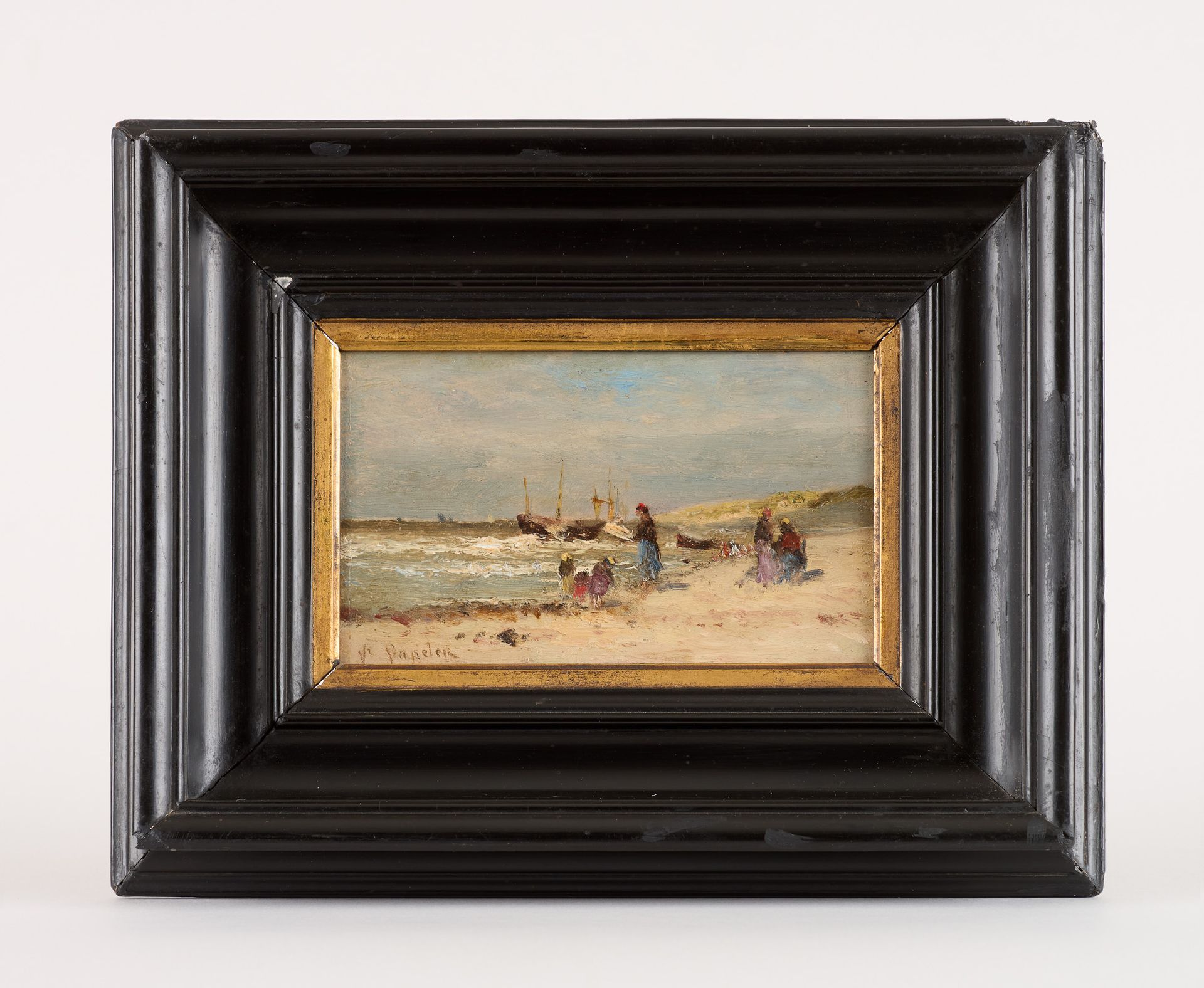Victor Eugène DE PAPELEU École belge (1810-1881) 油画：在奥斯坦德的海滩上。

签名：Papeleu，背面有艺术&hellip;