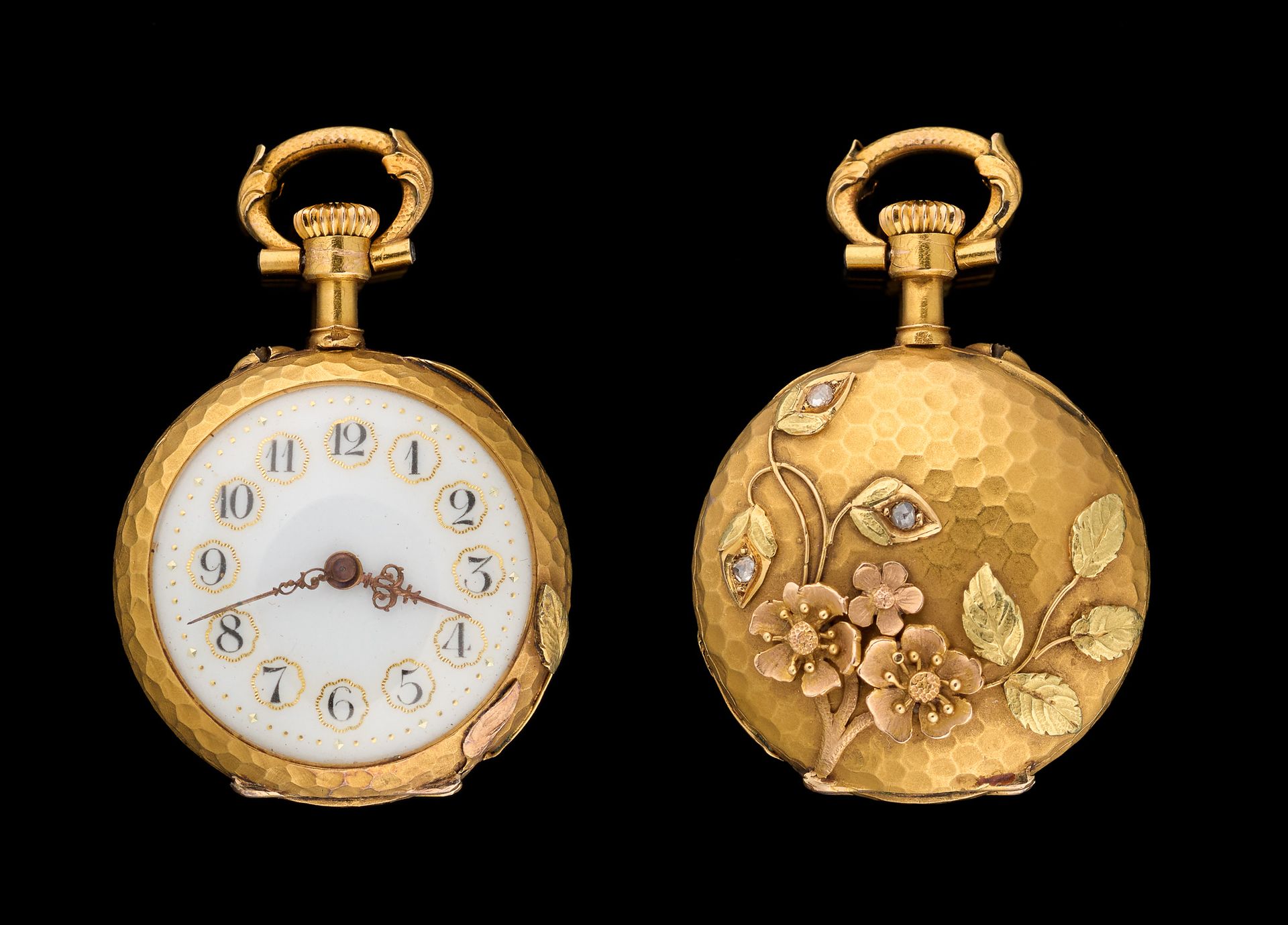 Joaillerie. Watches: Hammered gold pocket watch with rose-cut diamonds.