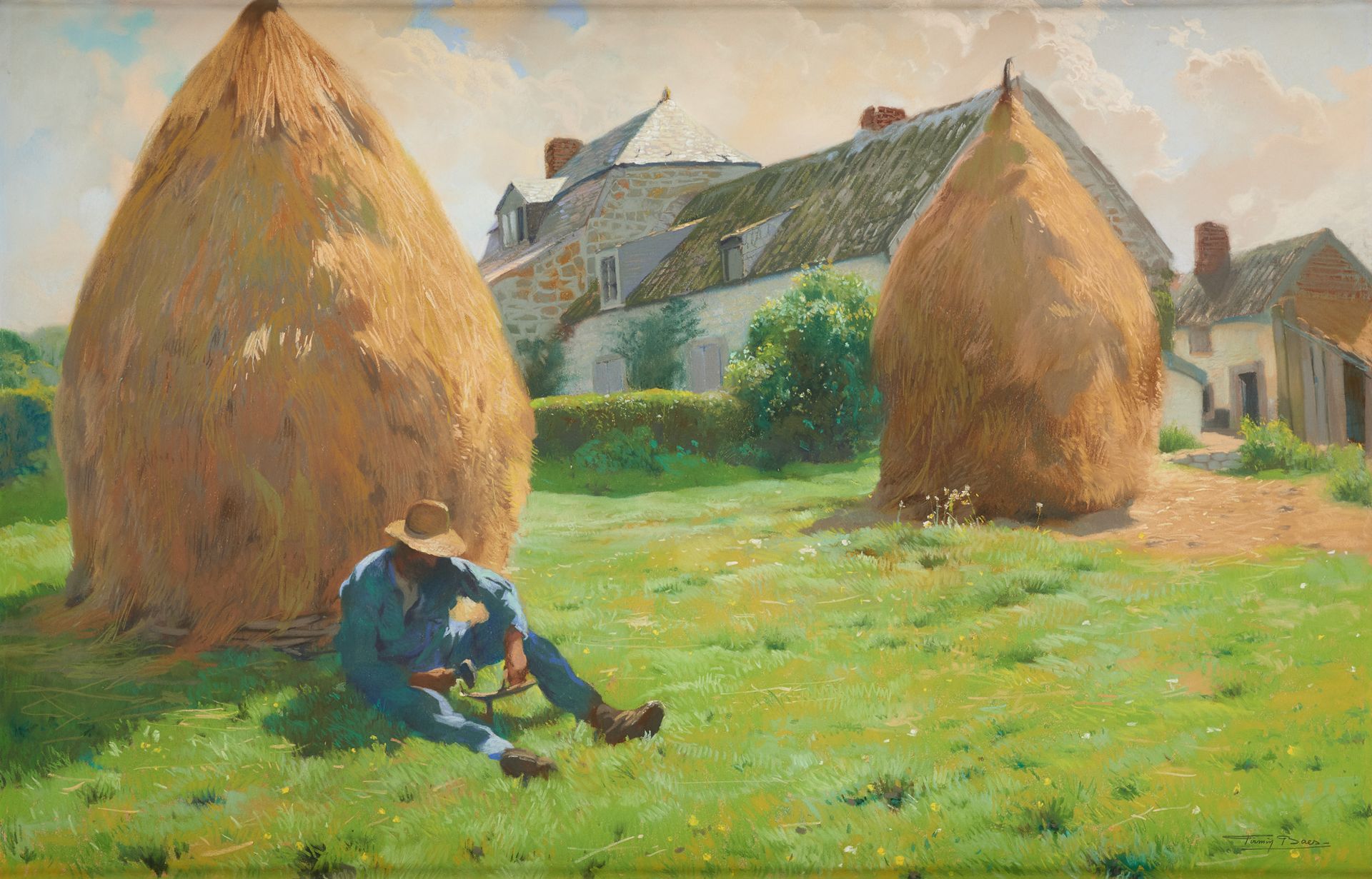Firmin BAES École belge (1874-1943) Pastello su tela: Lavoro all'ombra della mac&hellip;