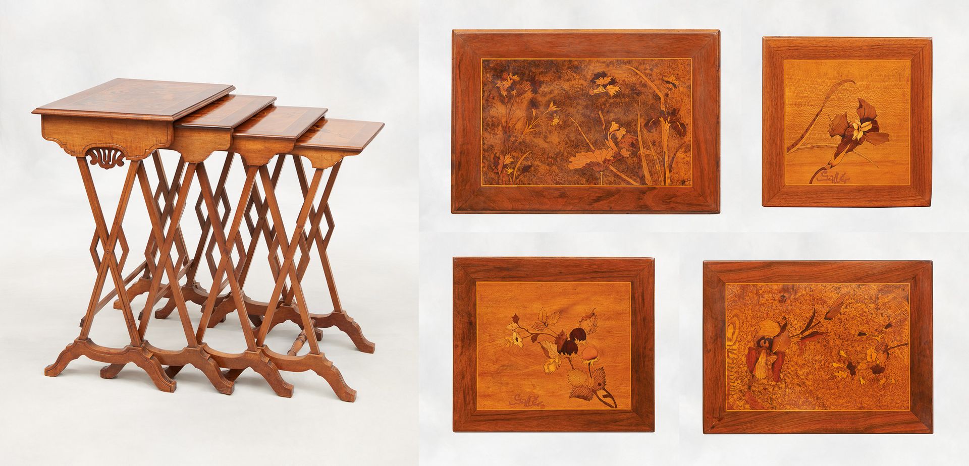 Émile Gallé (Ecole française) 家具：四张贵重木质镶嵌花卉图案的嵌套桌（不连续）。

尺寸：高：74宽：57深：39厘米。

见插图&hellip;