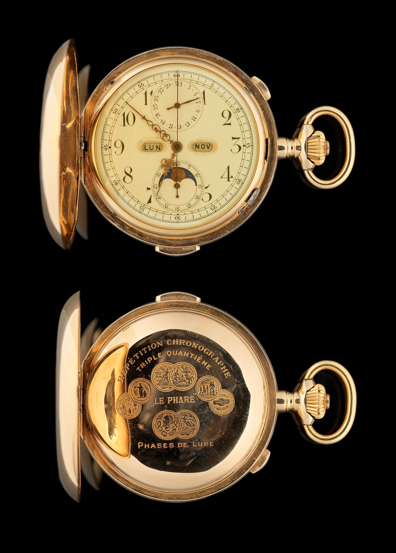 LE PHARE. Timepieces: Yellow gold pocket watch with various complications (moon &hellip;