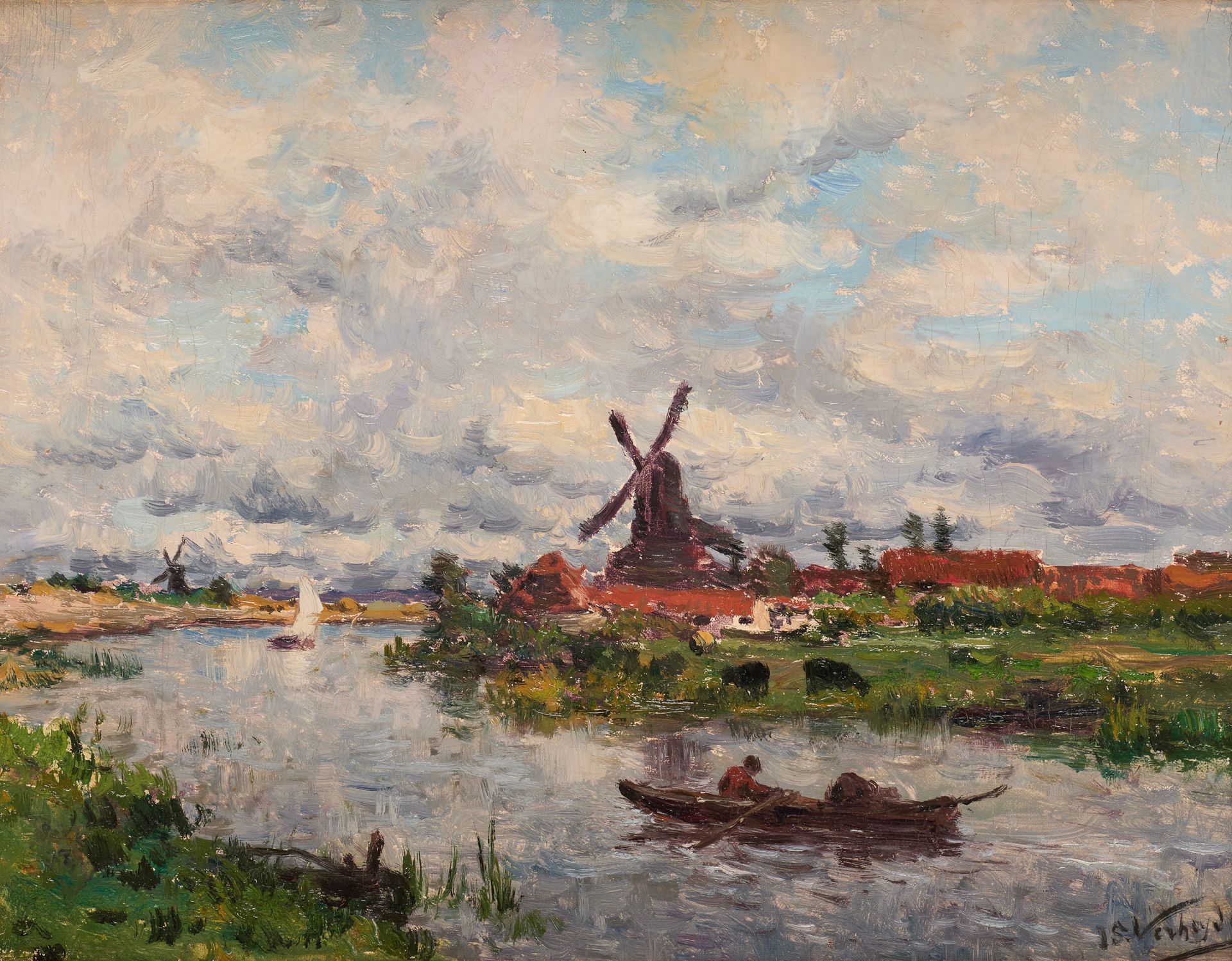 Isidore VERHEYDEN École belge (1846-1905) Huile sur toile: "Moulin à Zaandam".

&hellip;