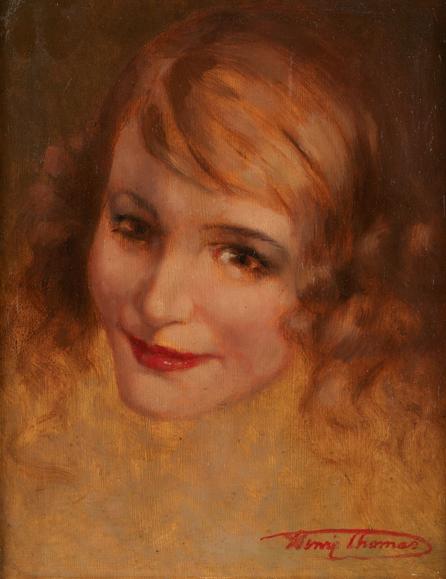 Henri Joseph THOMAS École belge (1878-1972) Huile sur panneau: Jeune femme souri&hellip;
