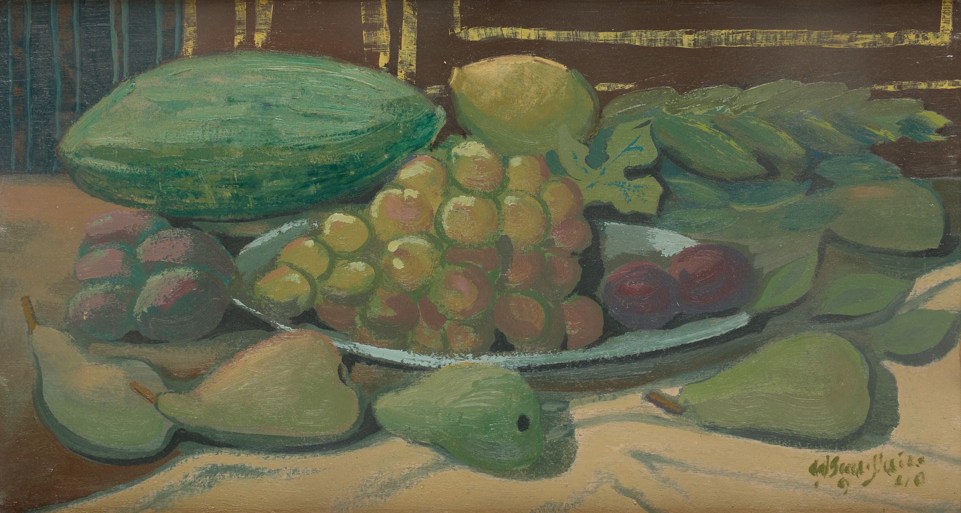 Edgar SCAUFLAIRE École belge (1893-1960) Huile sur carton: Composition aux fruit&hellip;