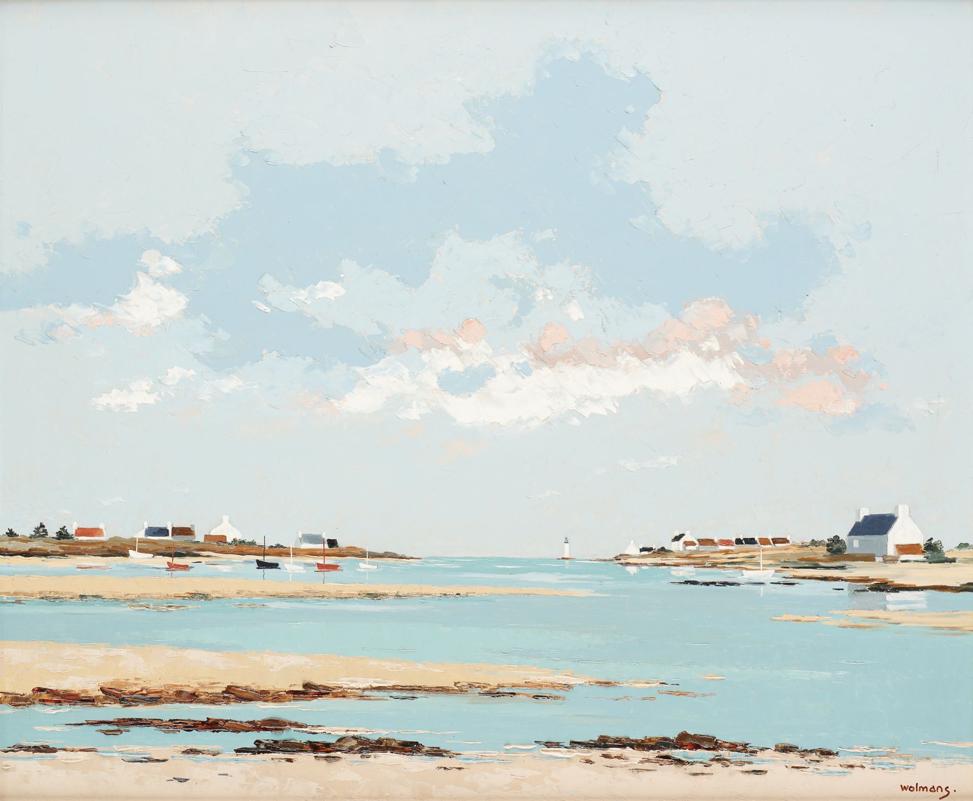 Jacques WOLMANS École belge (1919) Huile sur panneau: Petit port breton à marée &hellip;