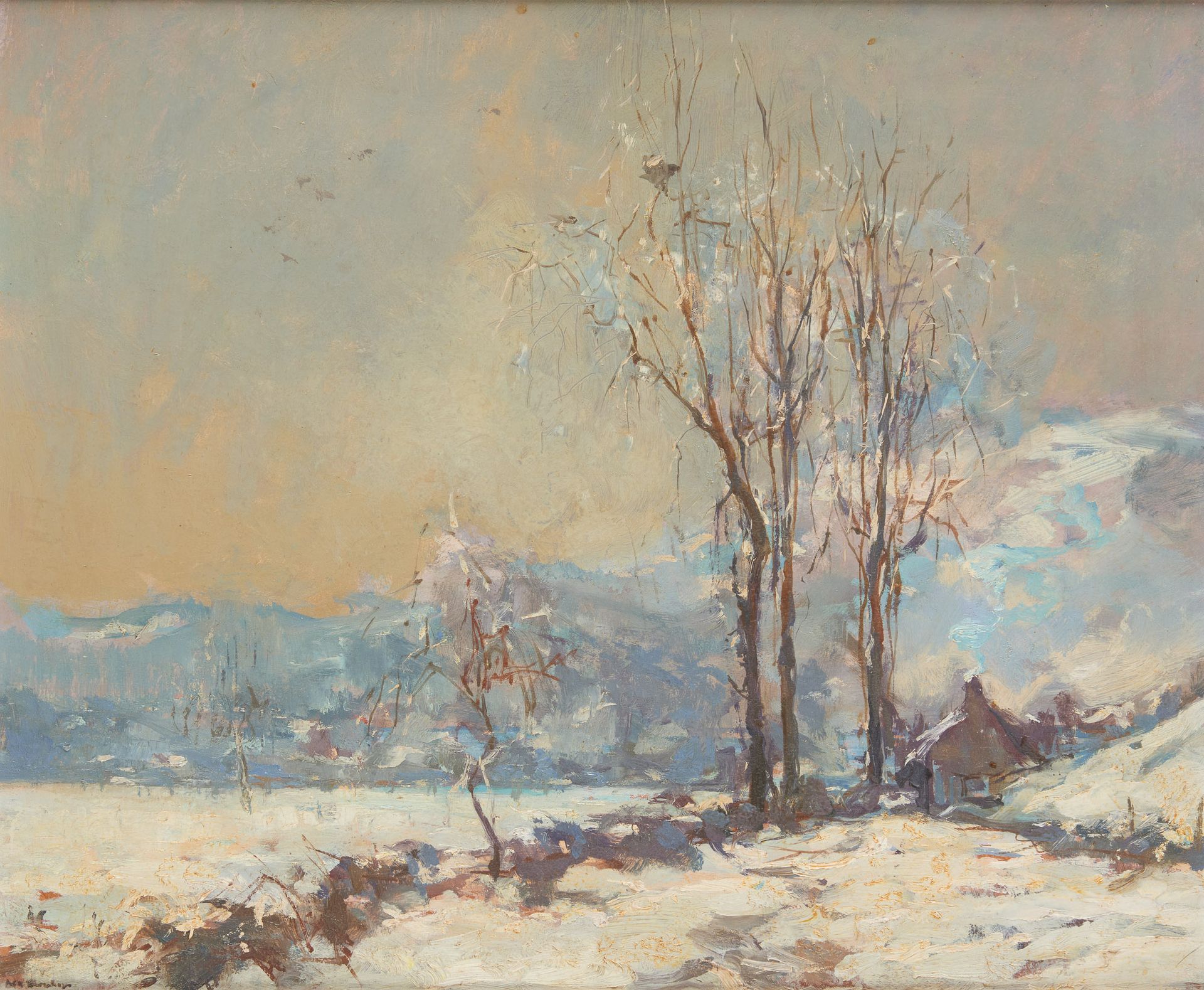 Charles BISSCHOPS École belge (1894-1975) Huile sur panneau: "Neige à Annevoie e&hellip;