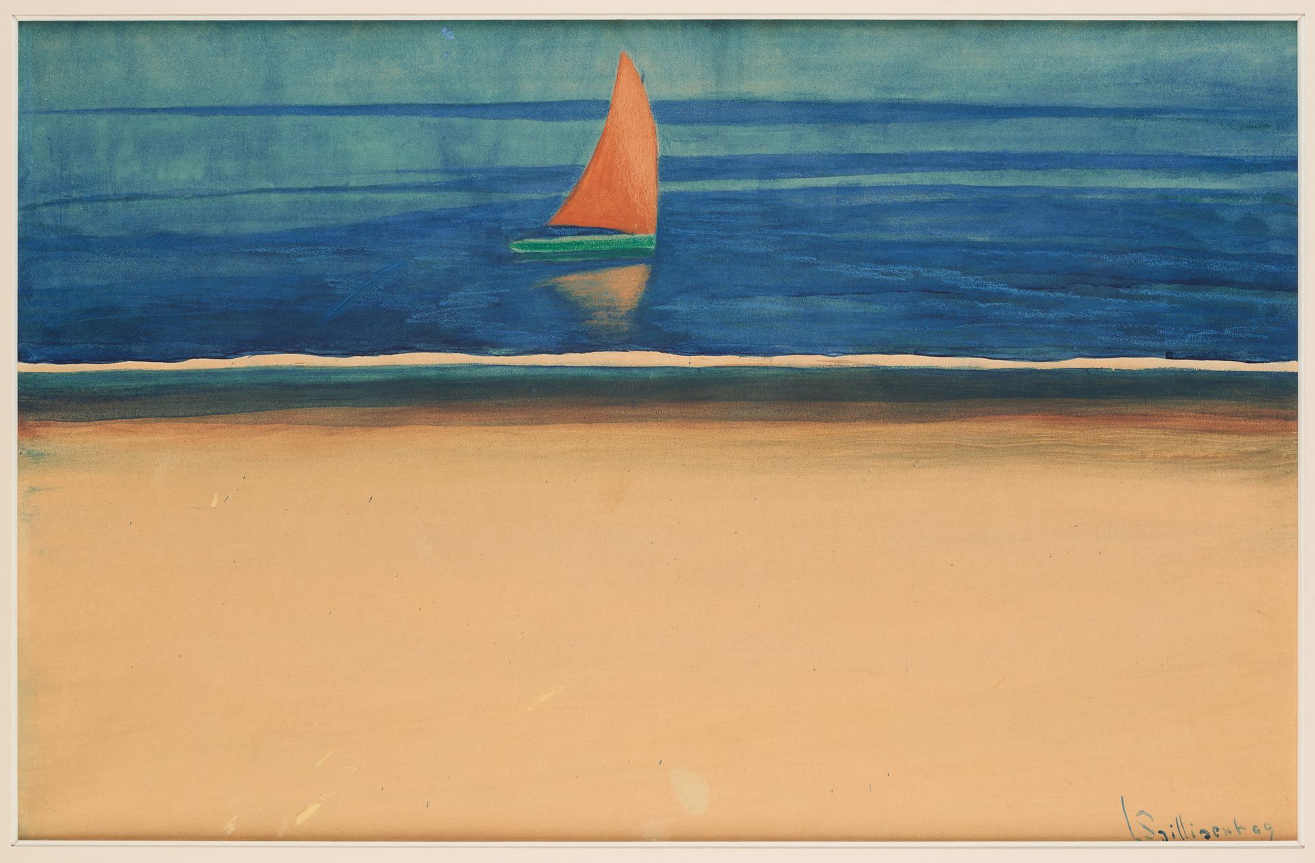 Léon SPILLIAERT École belge (1881-1946) 
纸上水彩画：海上有橙色帆的渔船。

签名和日期：L. Spilliaert (&hellip;