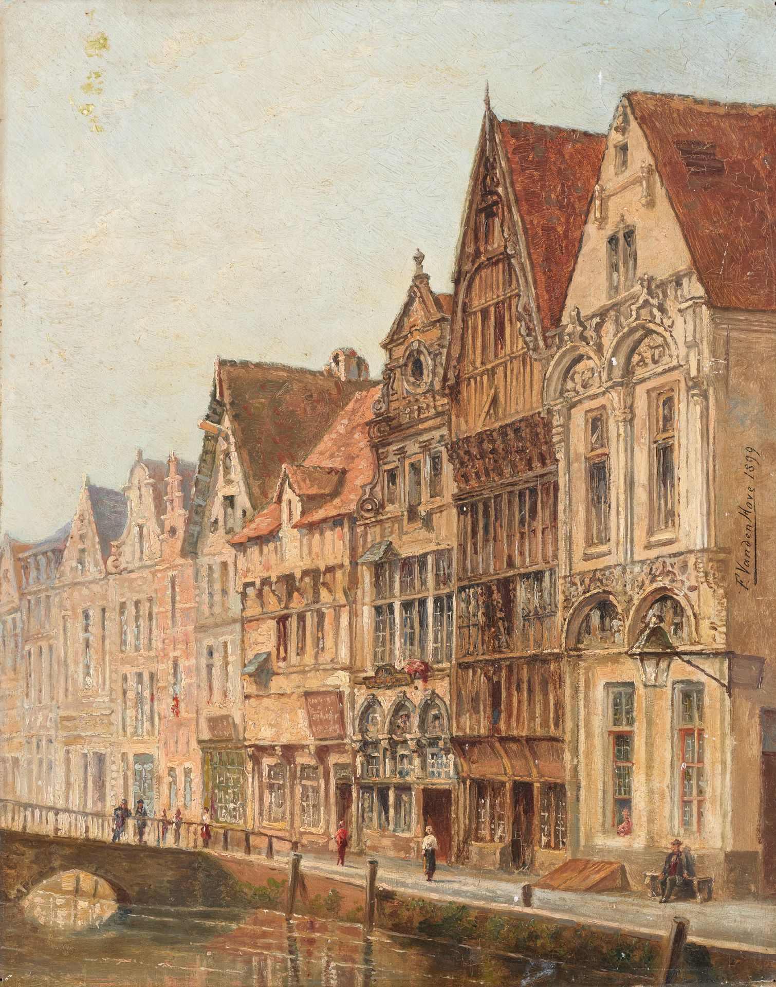 Franz VAN DEN HOVE École belge (1846-1921) Óleo sobre tabla: Vista de un muelle &hellip;