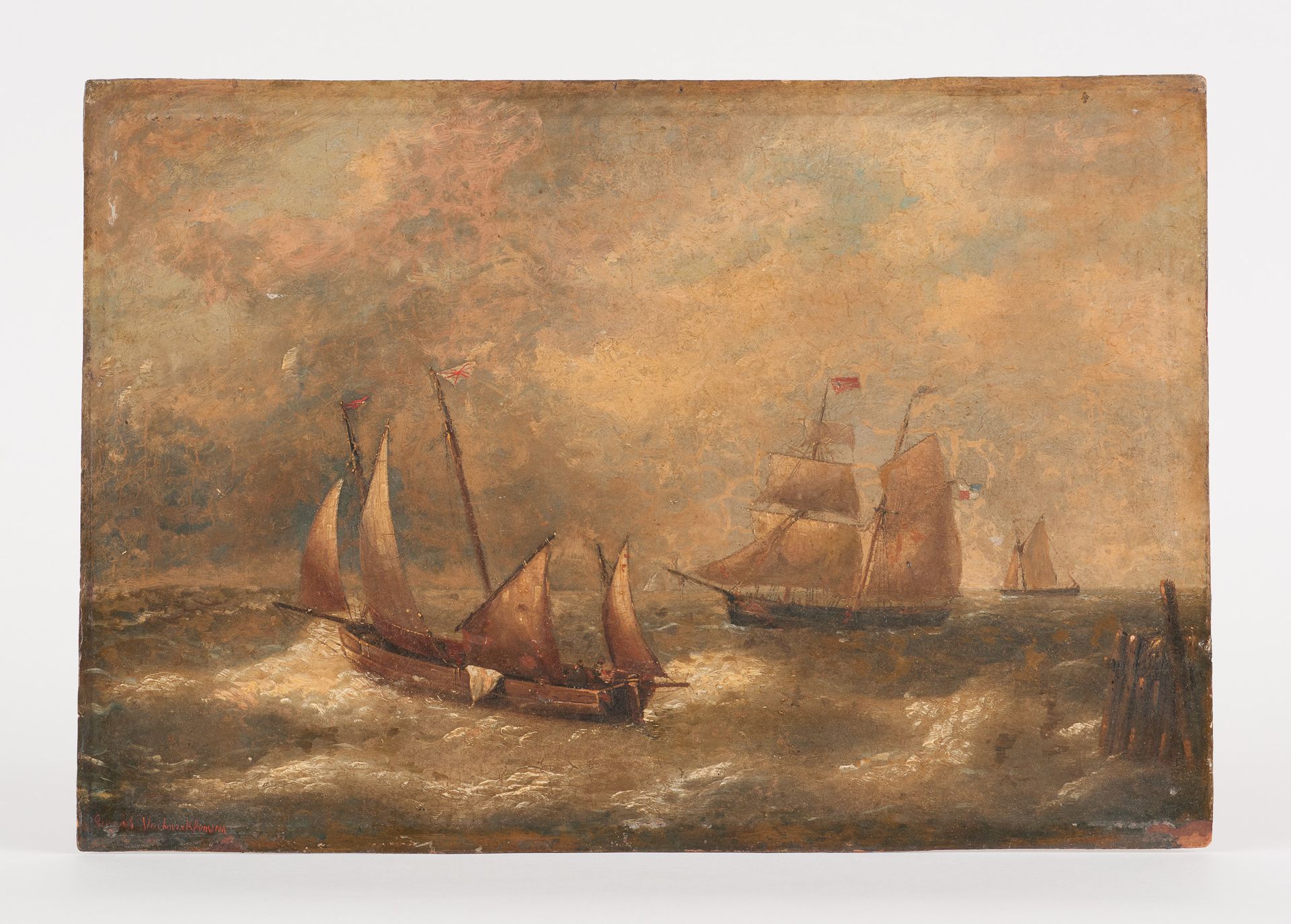 Louis VERBOECKHOVEN École belge (1802-1889) 纸板上的油画：出发去钓鱼。

签名：路易斯-维尔伯克霍芬。

(小缺)。&hellip;