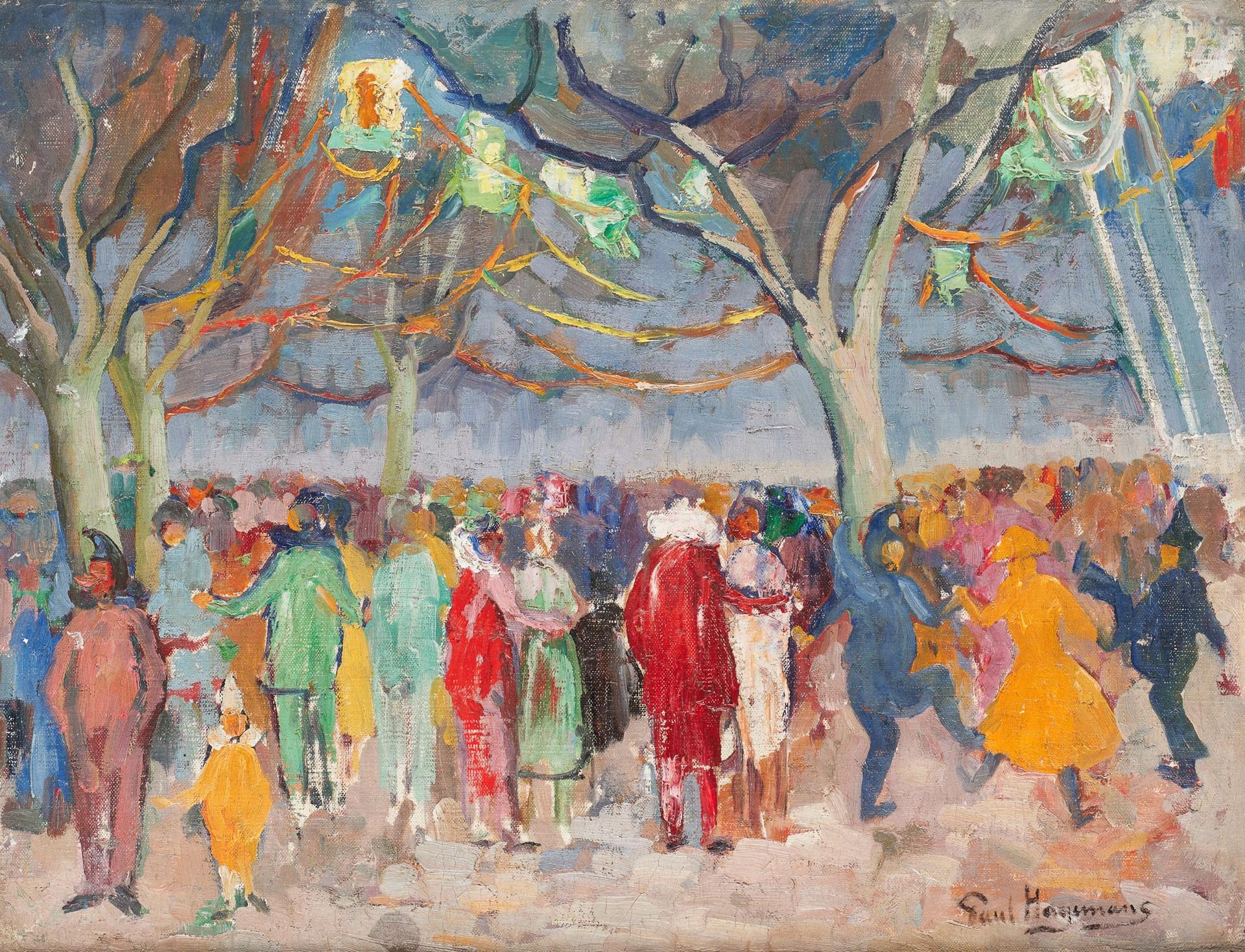 Paul HAGEMANS École belge (1884-1959) Oil on canvas: The ball under the lanterns&hellip;