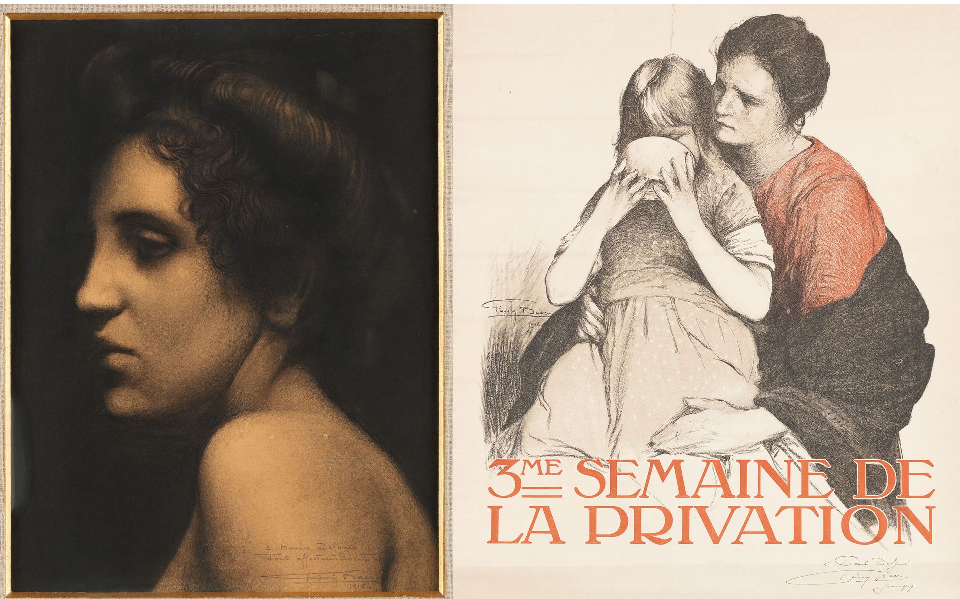Firmin BAES École belge (1874-1943) Carboncillo sobre papel: Perfil de una mujer&hellip;