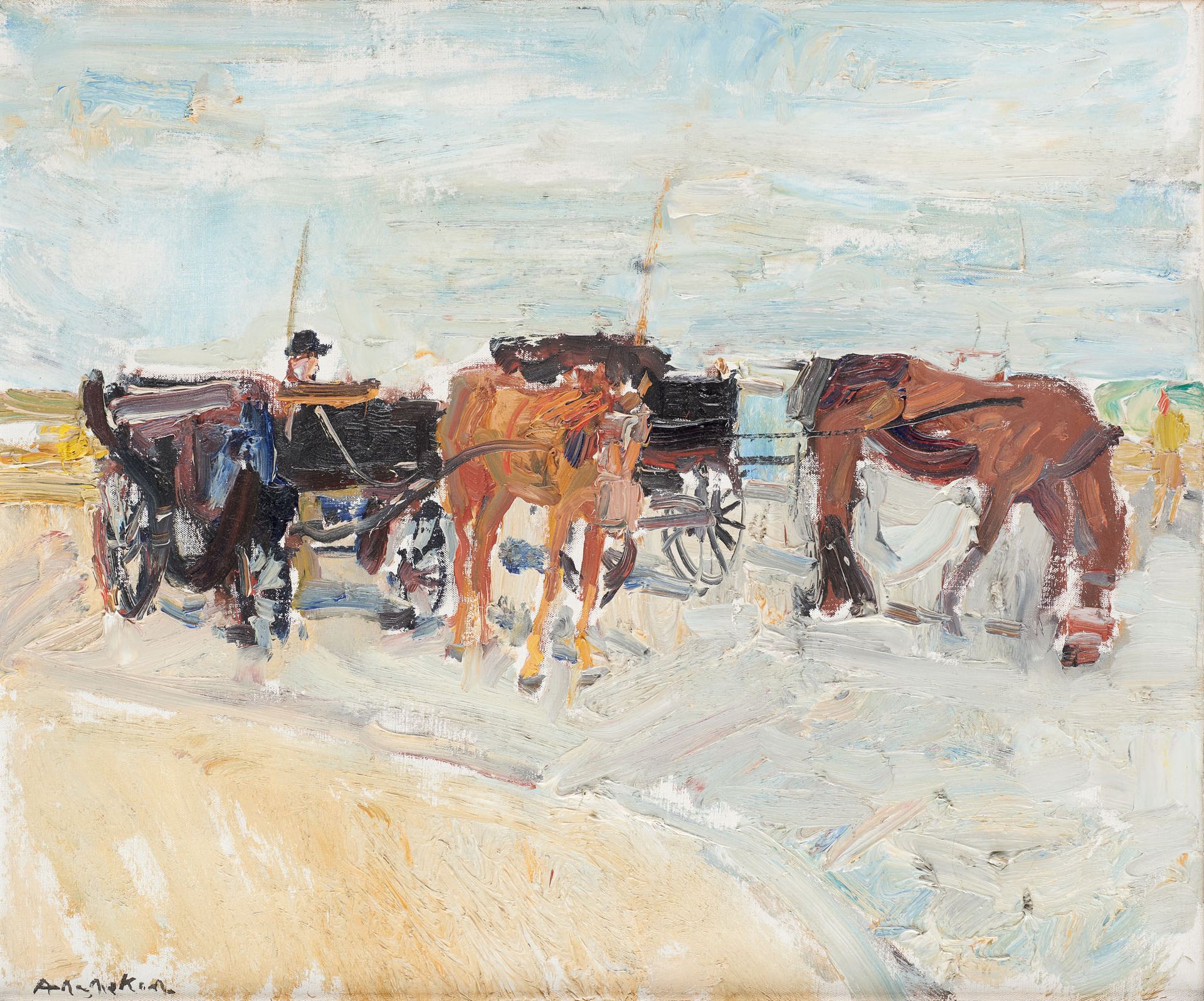 Albert DE DEKEN École belge (1915-2003) Öl auf Leinwand: Rastende Pferdegespanne&hellip;