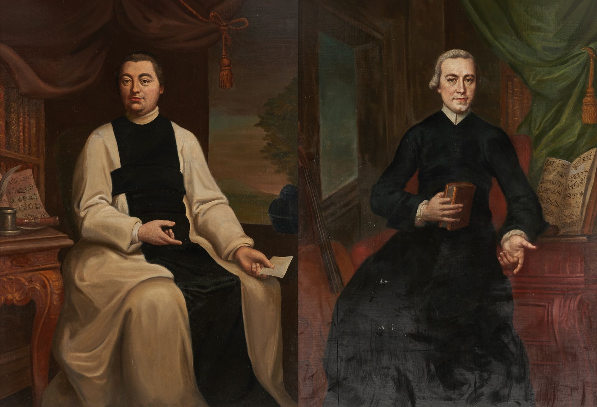 Travail belge début 19e. 画布上的油彩安装在面板上（两套）。热爱音乐的教士们的肖像。

(重要的修复）。

尺寸：145 x 108厘米&hellip;
