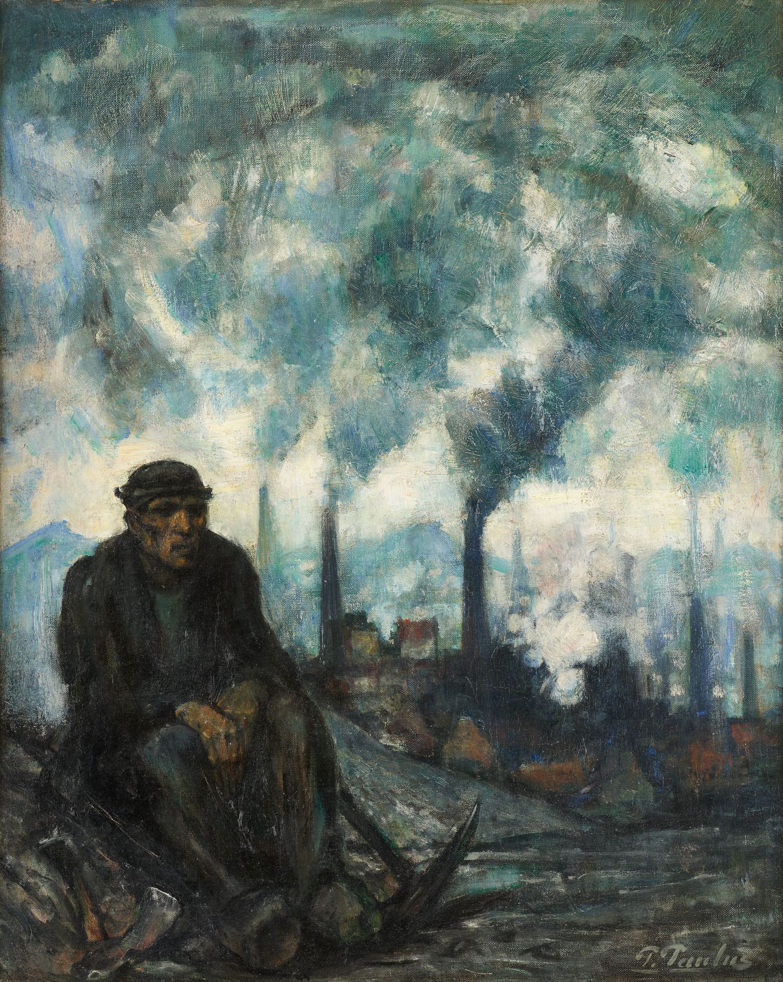 Baron Pierre PAULUS DU CHATELET École belge (1881-1959) 布面油画：工业景观上的矿工。

签名：P. Pa&hellip;