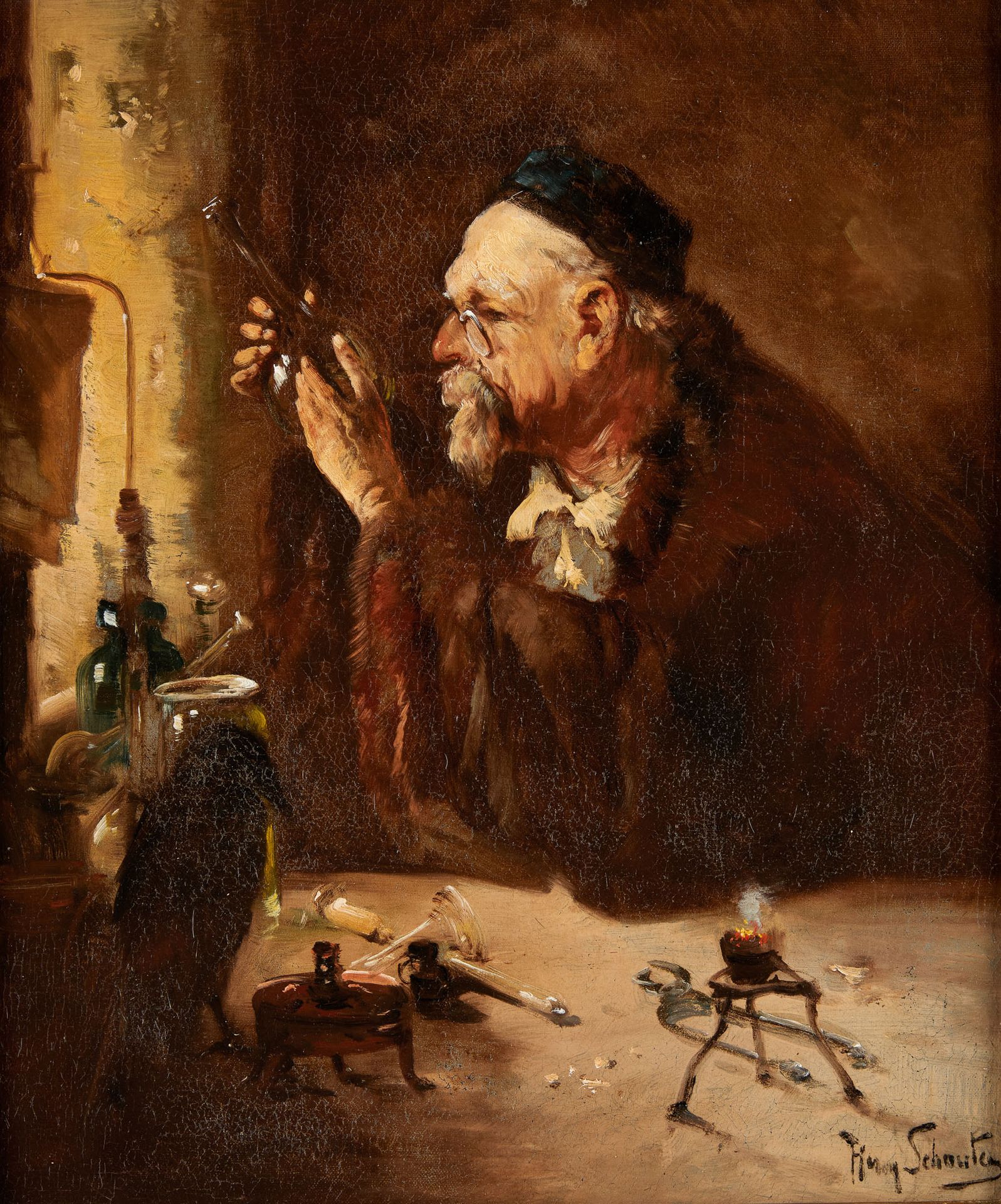 Henry SCHOUTEN École belge (1857/64-1927) Óleo sobre lienzo: El alquimista traba&hellip;