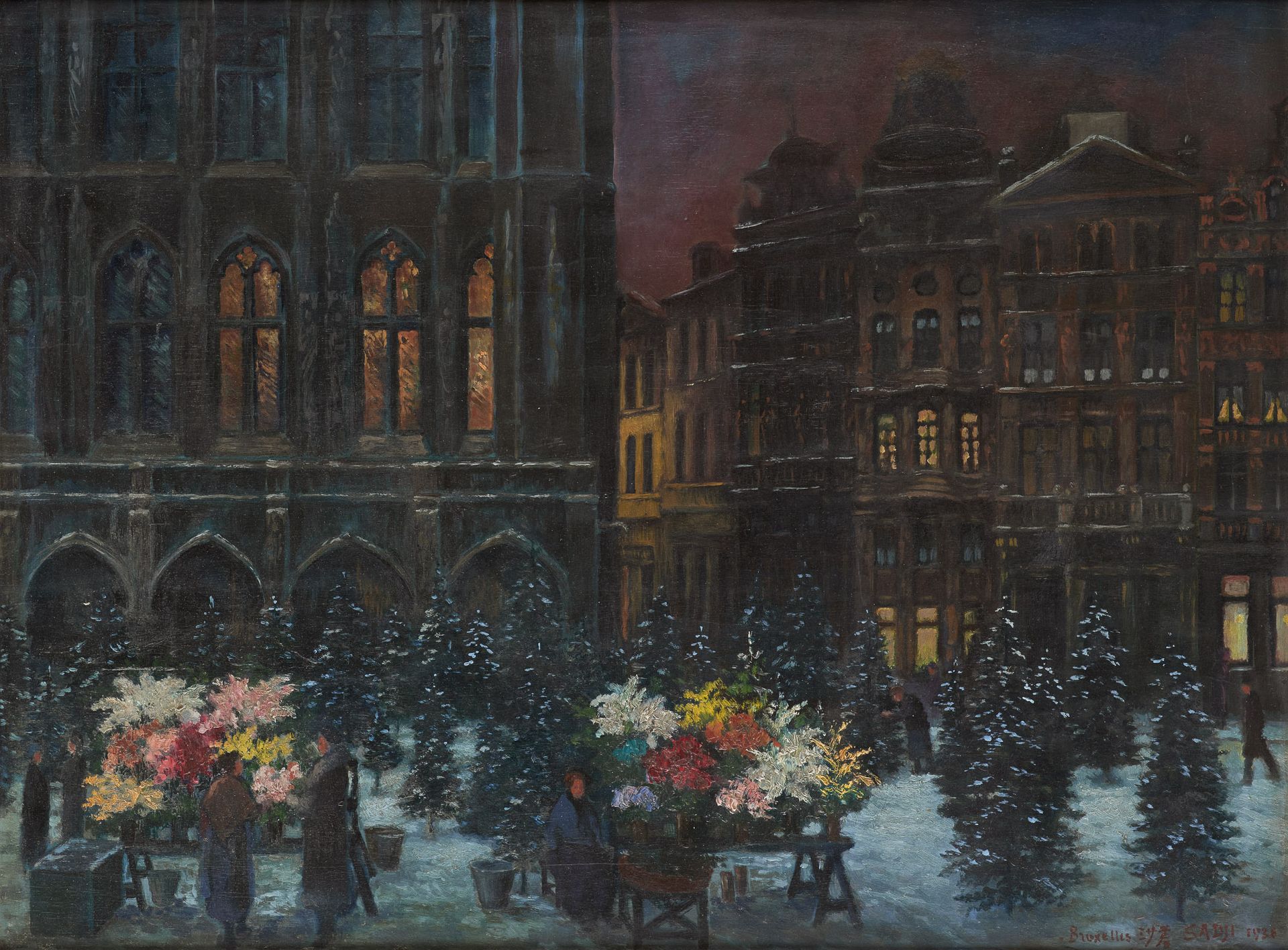 SHA Qi "SADJI" École chinoise (1914-2005) 板上油画：1936年布鲁塞尔的圣诞市场。

签名、定位和日期：Sadji B&hellip;