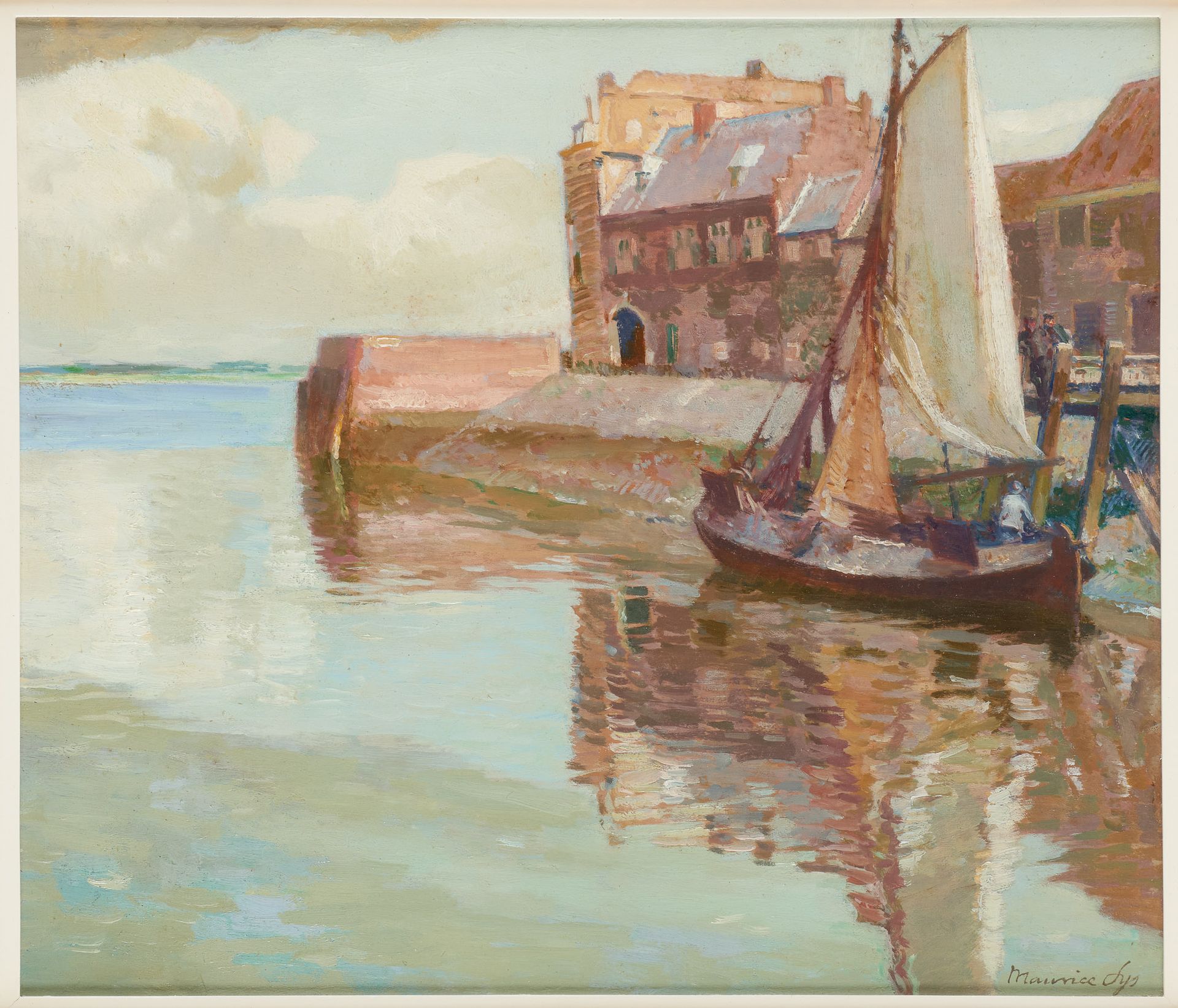 Maurice SYS École hollandaise (1880-1972) 
Olio su tavola: Barca da pesca al mol&hellip;