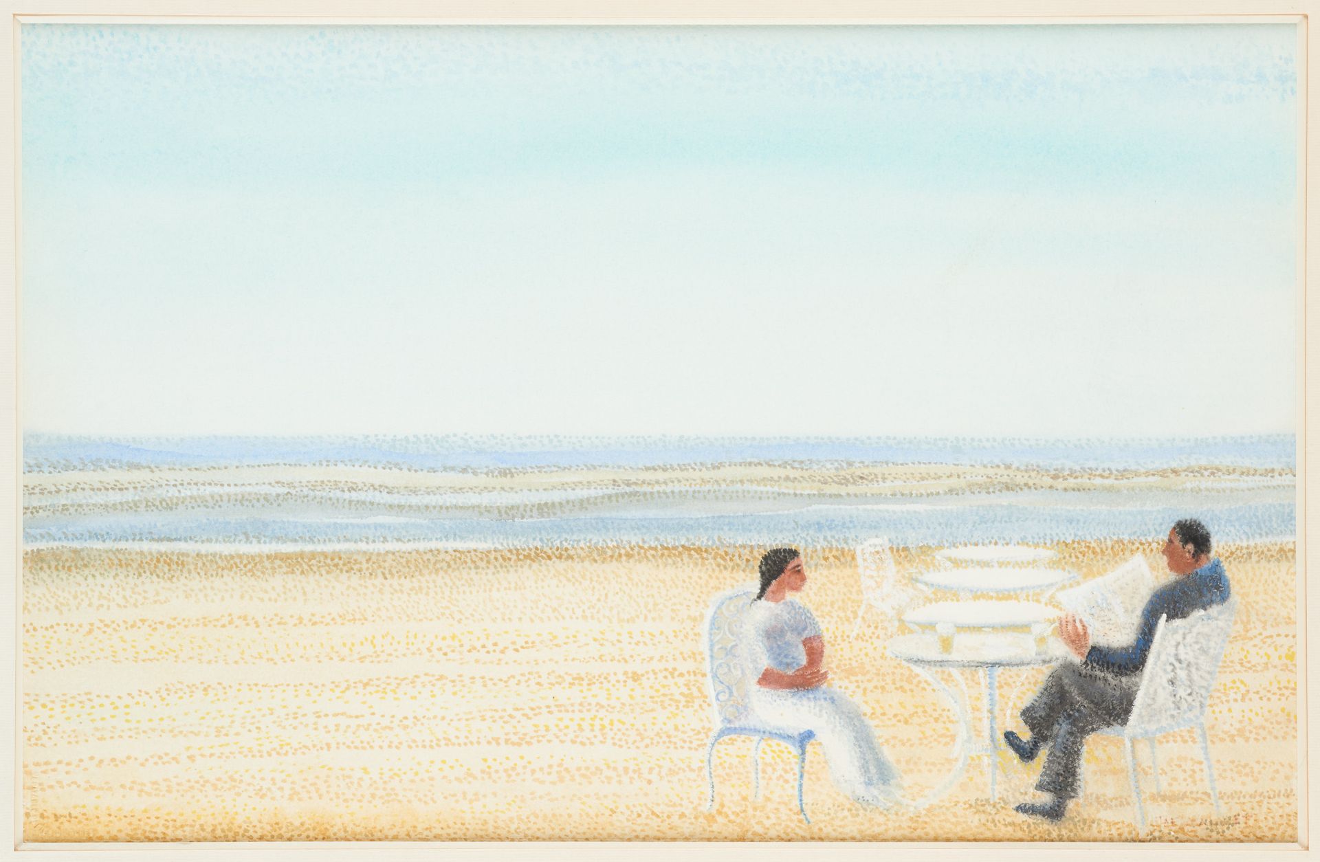 Taf WALLET École belge (1902-2001) 纸上水彩画：海边的对话。

签名：塔夫-钱包。

尺寸：36 x 55,5厘米。
