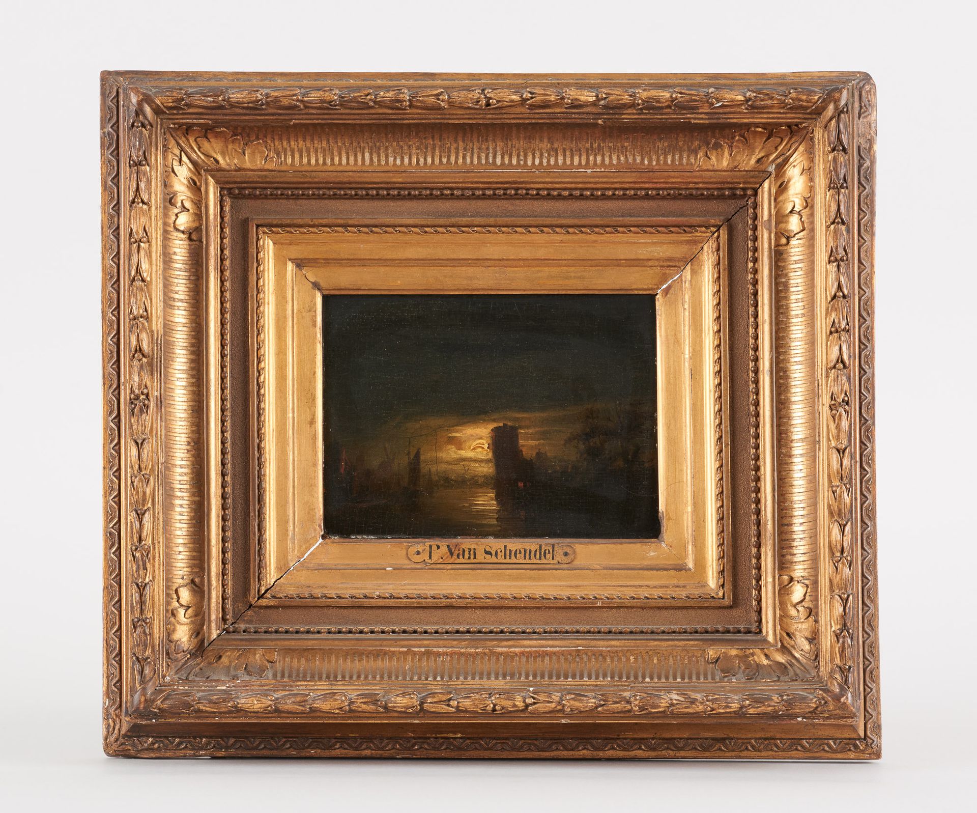 Petrus VAN SCHENDEL École hollandaise (1806-1870) 镶嵌在画板上的油画：港口的夜景。

作者：佩特鲁斯-范-申德&hellip;