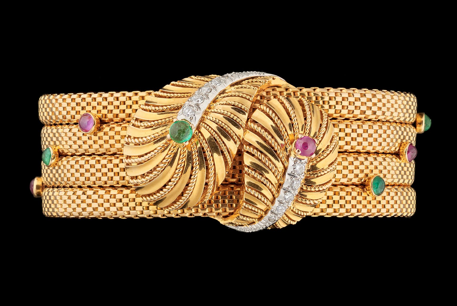 Joaillerie. 珠宝：黄金手镯，镶嵌凸圆形祖母绿、红宝石和明亮式切割钻石。

毛重：+/-78克。