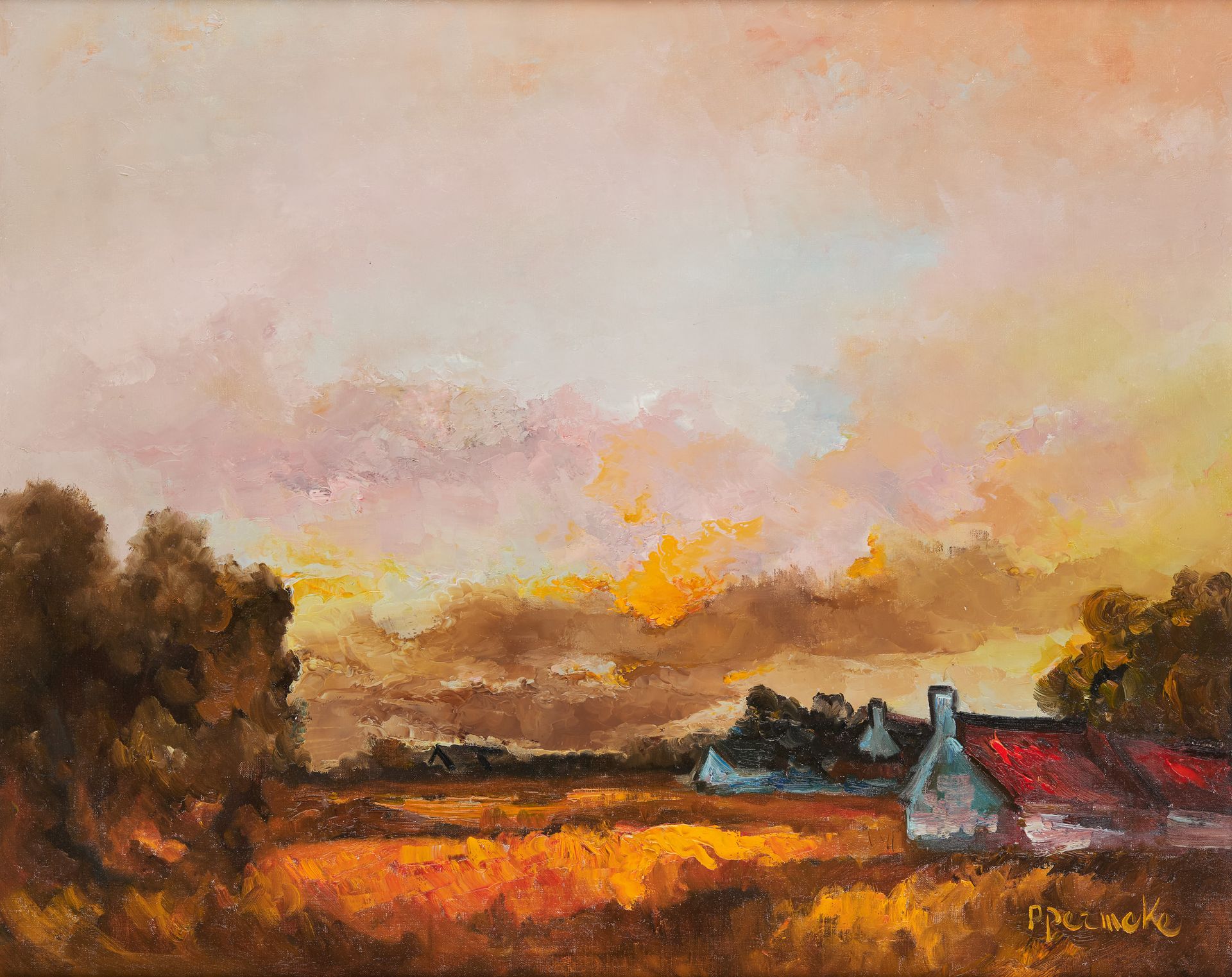 Paul PERMEKE École belge (1918-1990) Oil on canvas: Glowing sun on the farmhouse&hellip;