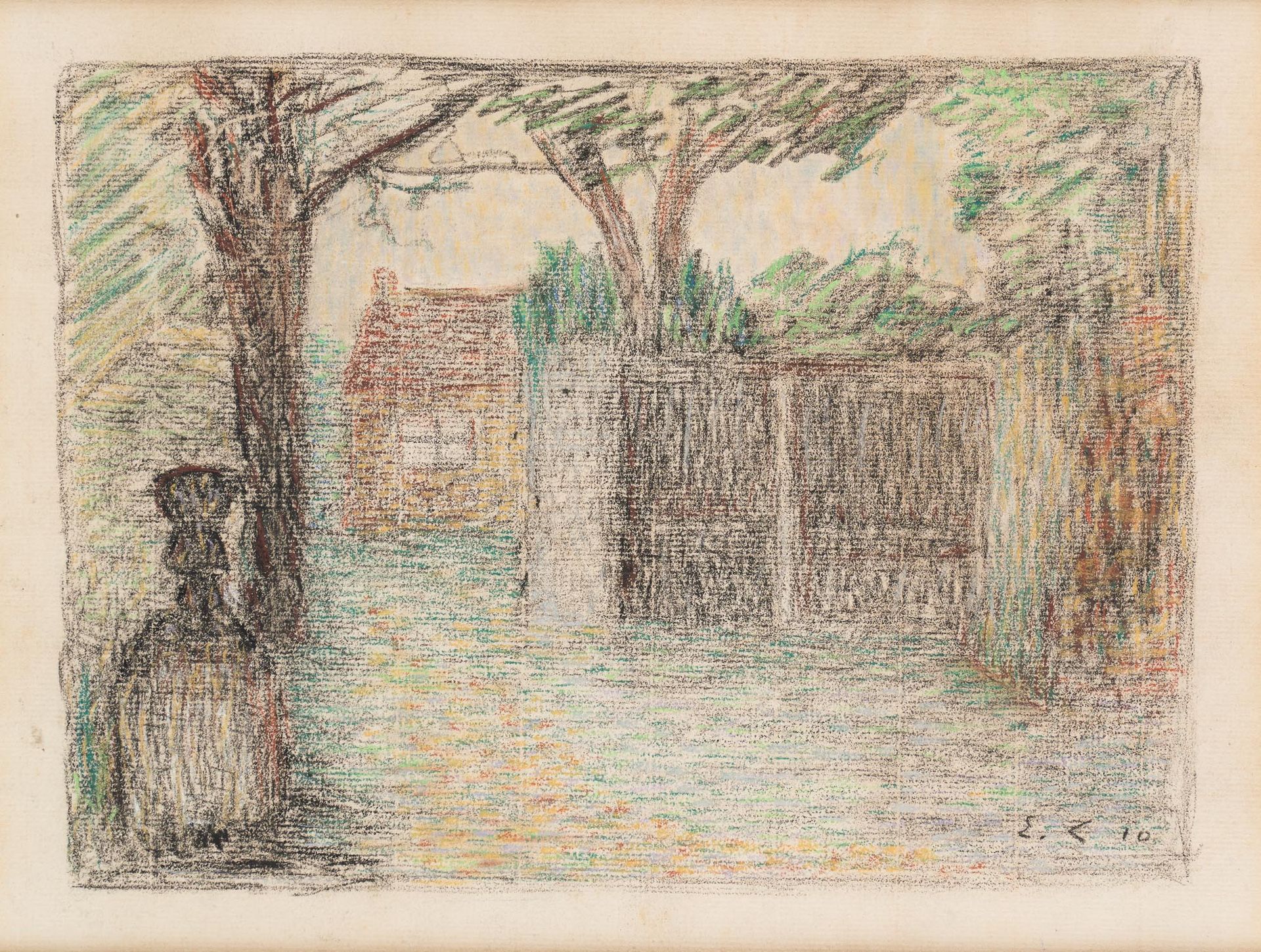 Emile CLAUS École belge (1849-1924) Pastel sur papier: Vue de jardin.

Monogramm&hellip;