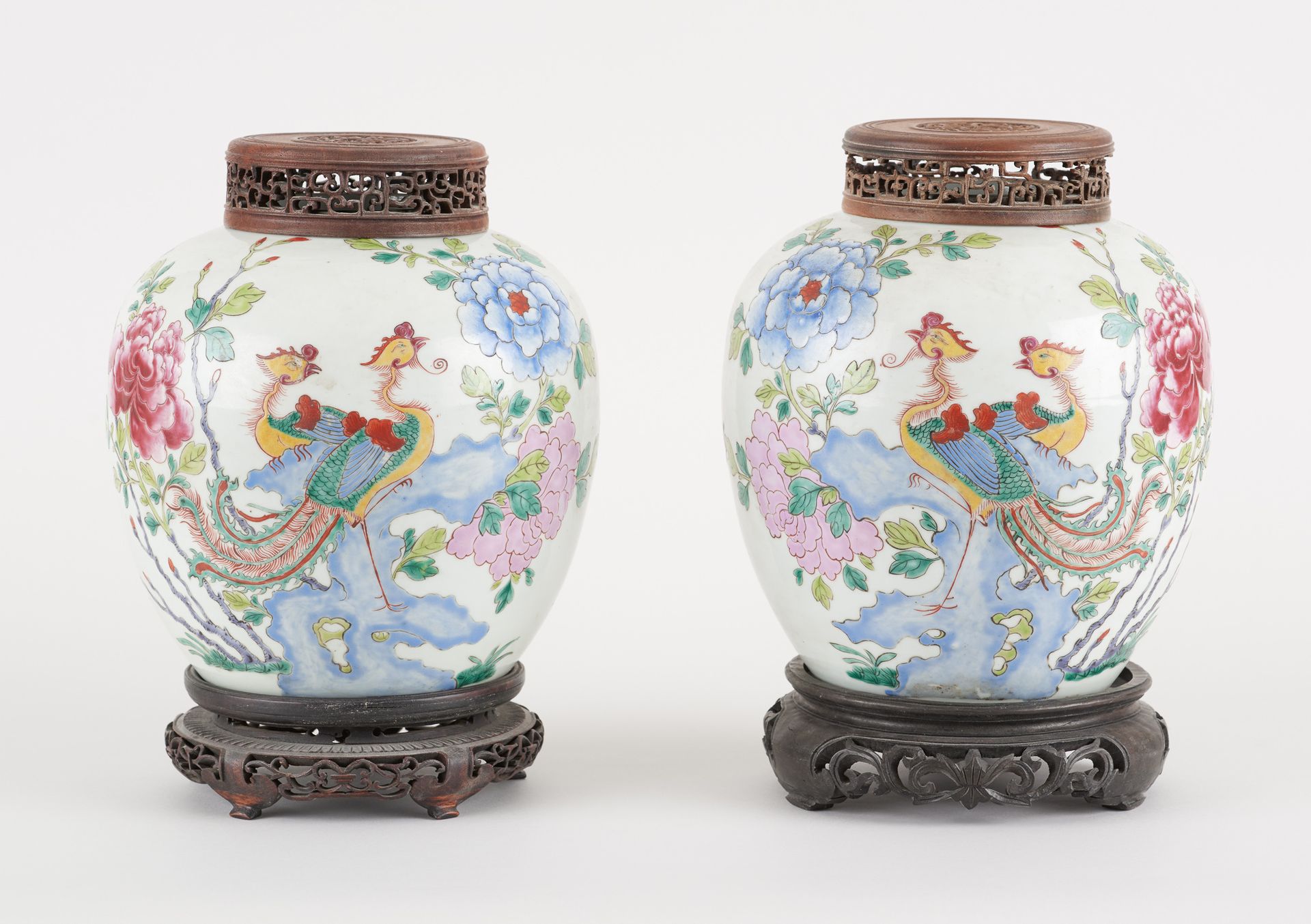 Travail chinois 19e. 陶瓷：一对多色瓷制的天堂鸟姜壶。

(一个颈部有小缺口)。

尺寸：高：22厘米。
