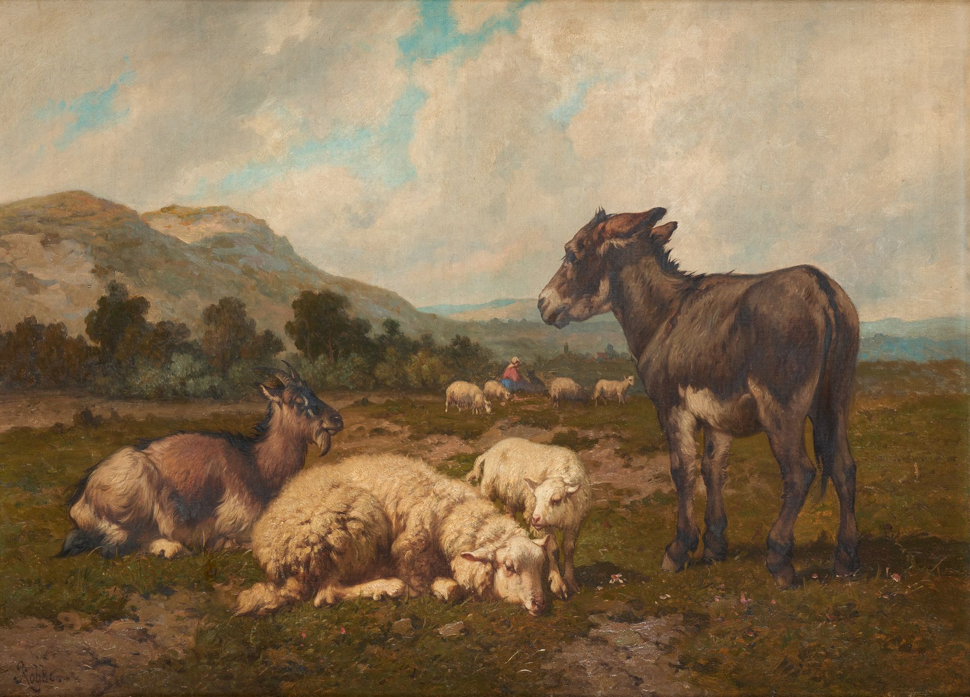 Louis ROBBE École belge (1806-1887) 布面油画：风景背景下的驴子和羊群。

签名：罗贝。

尺寸：56 x 77厘米。