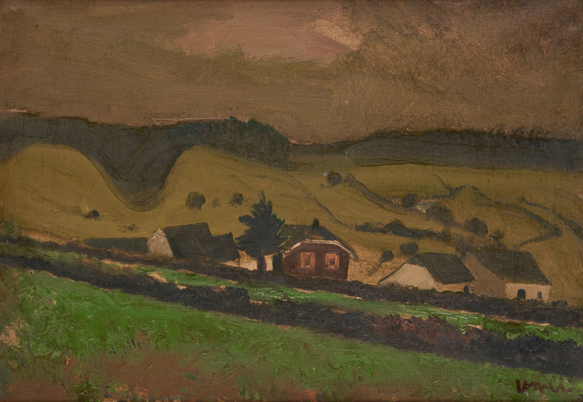 Floris JESPERS École belge (1889-1965) 布面油画：前景有房屋的丘陵景观。

签名：Jespers.

尺寸：42 x 60&hellip;