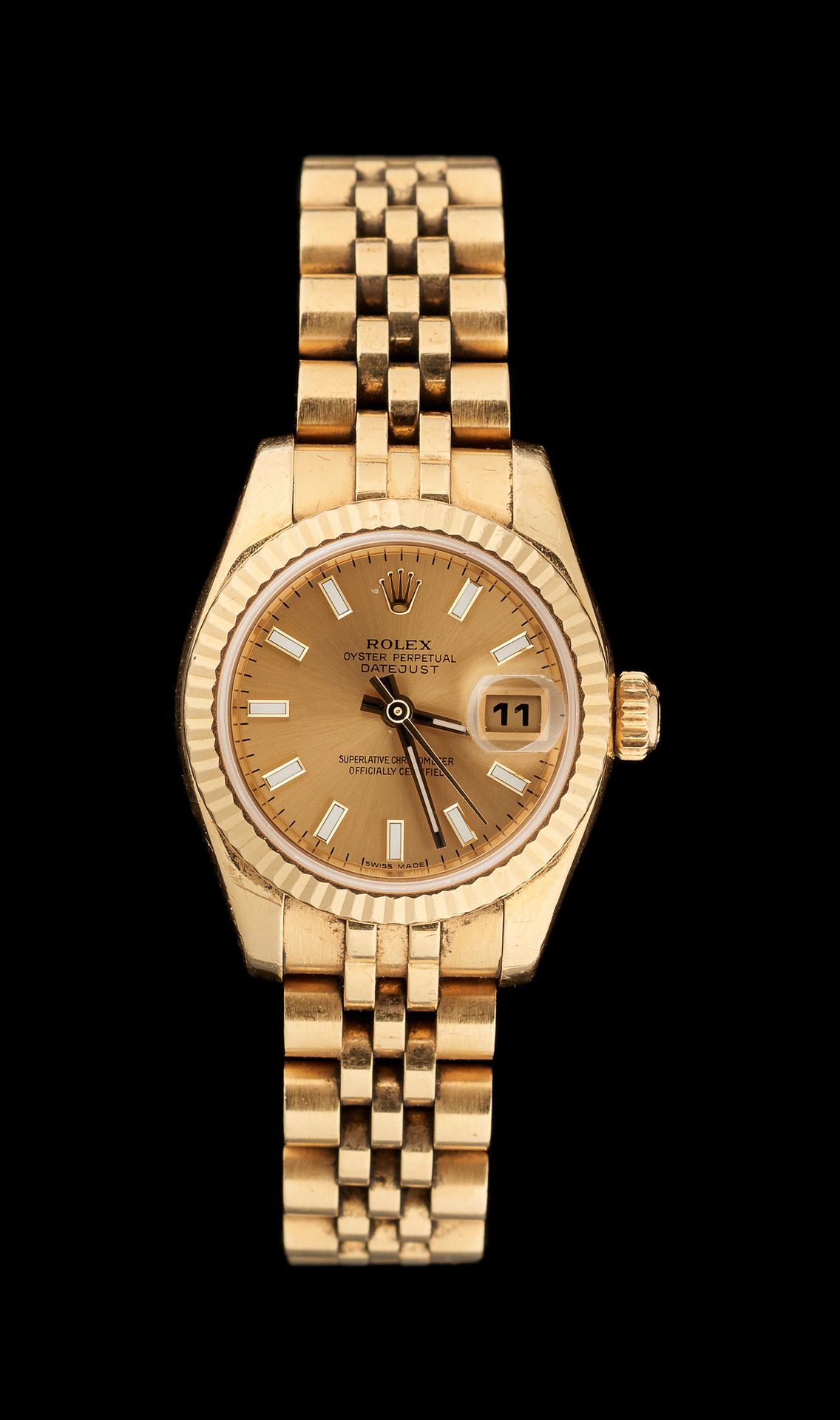ROLEX. Uhren: Damenarmbanduhr, komplett aus 18 Karat Gelbgold, Zifferblatt mit G&hellip;