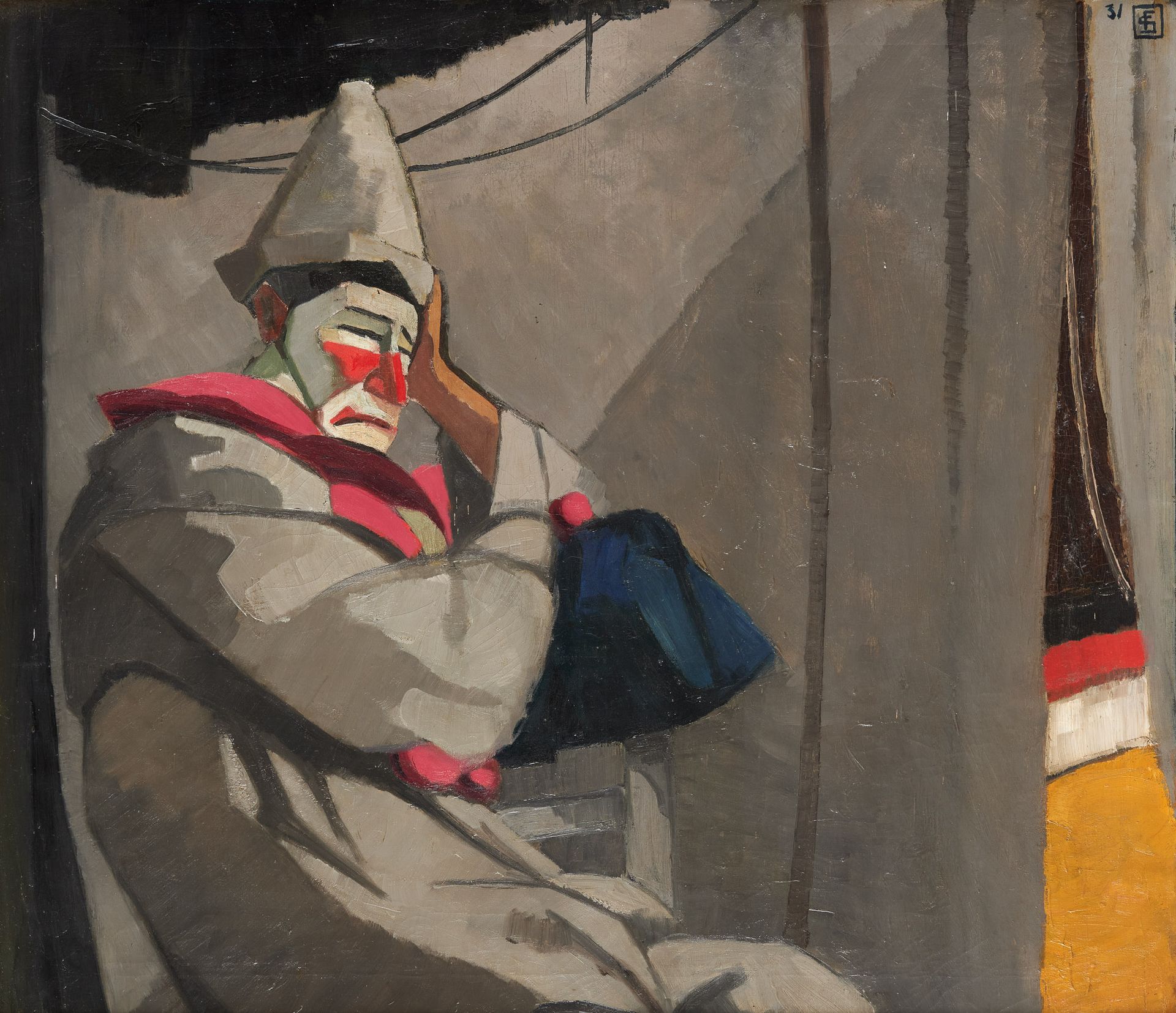 Edgar SCAUFLAIRE École belge (1893-1960) Huile sur toile: Le clown en coulisse.
&hellip;