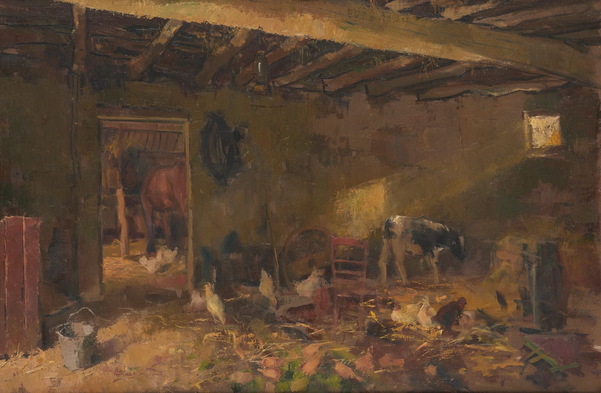 Henry SCHOUTEN École belge (1857/64-1927) Huile sur toile: Intérieur d'écurie.

&hellip;